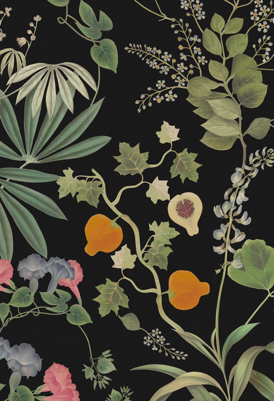 Vintage inspired palm leaves, fruit with flowers of Eden Wallpaper on Black Ground in Night by Deus ex Gardenia.