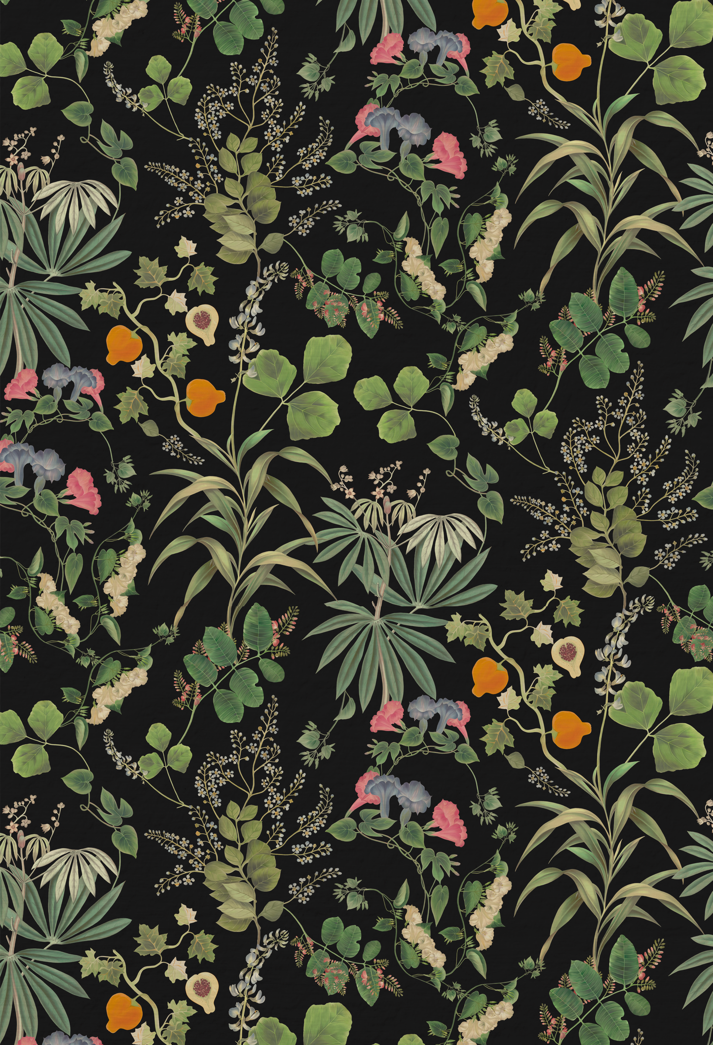 Patterned dark botanical floral wallpaper with orange fruits of Eden Wallpaper in Night from Deus ex Gardenia.