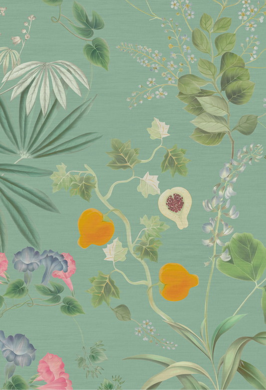 A luxury "Eden Wallpaper in Spring" with flowers and leaves from Deus ex Gardenia.