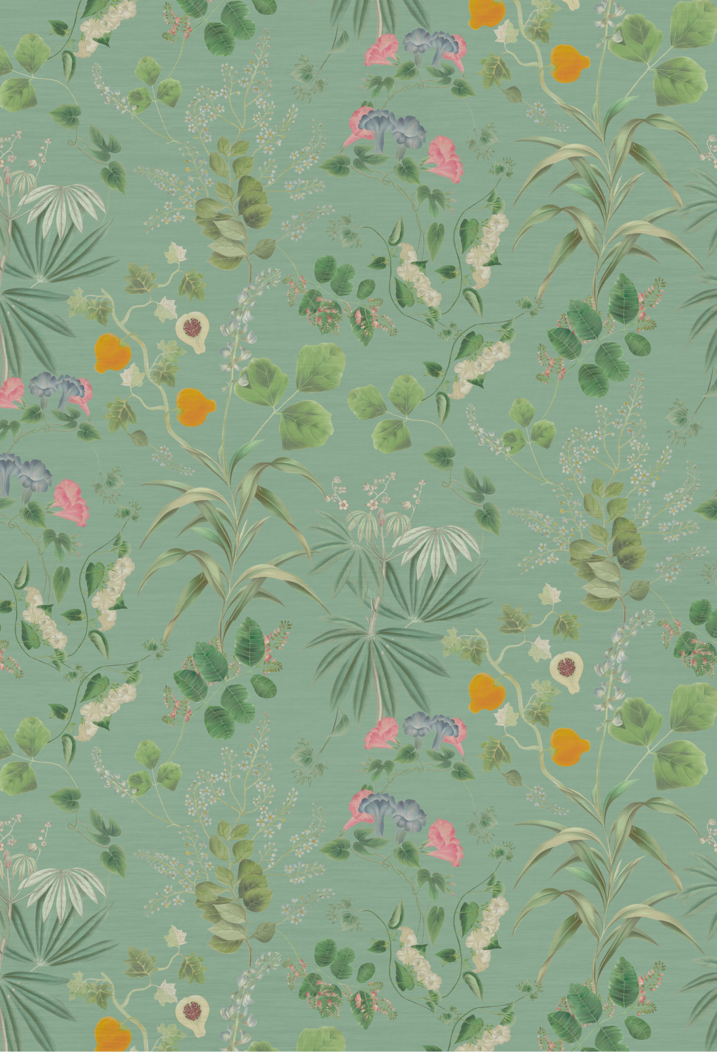 A luxury Deus ex Gardenia botanical pattern in mint green featuring Eden Wallpaper in Spring with flowers and leaves.