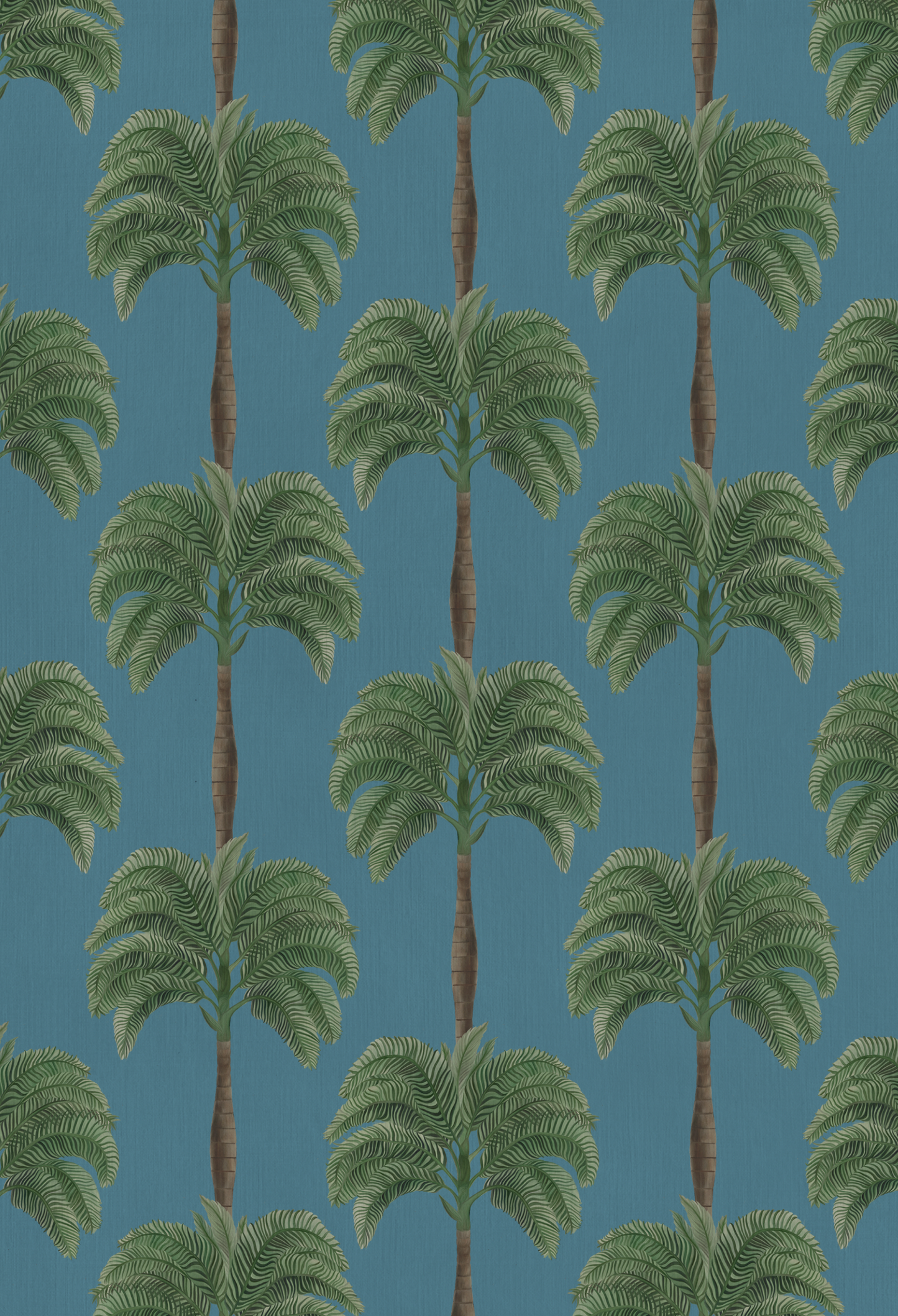 Luxurious Little Palma Wallpaper in Lagoon by Deus ex Gardenia with a botanical palm tree pattern on a blue background.