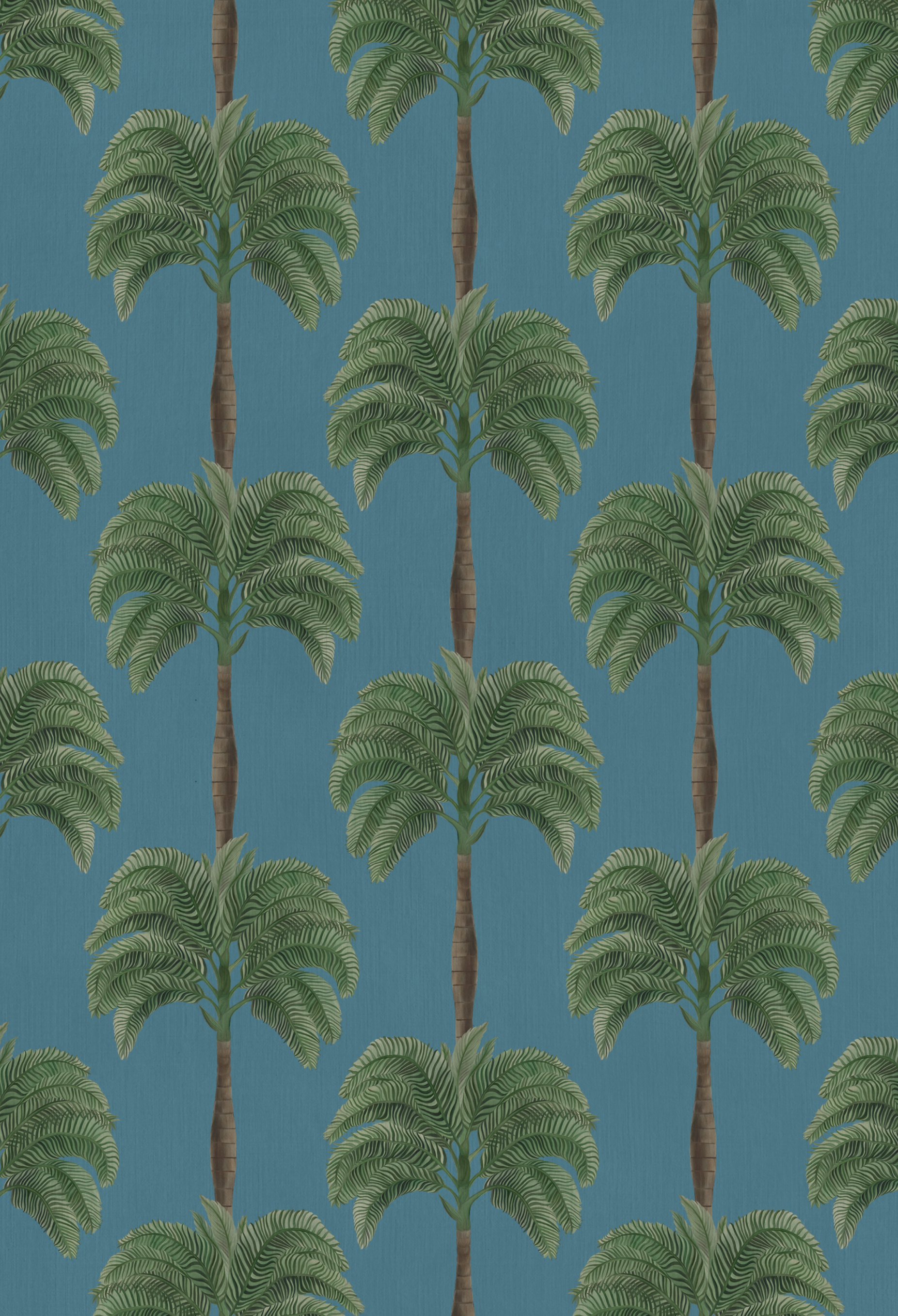 Luxurious Little Palma Wallpaper in Lagoon by Deus ex Gardenia with a botanical palm tree pattern on a blue background.