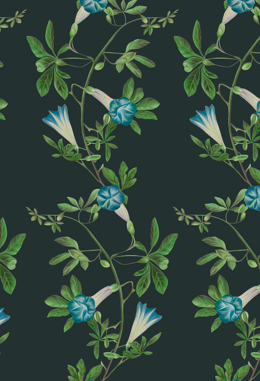 Blue flowers and green leaves on a dark background featuring the 'Midsummer' Wallpaper in Charcoal from Deus ex Gardenia.