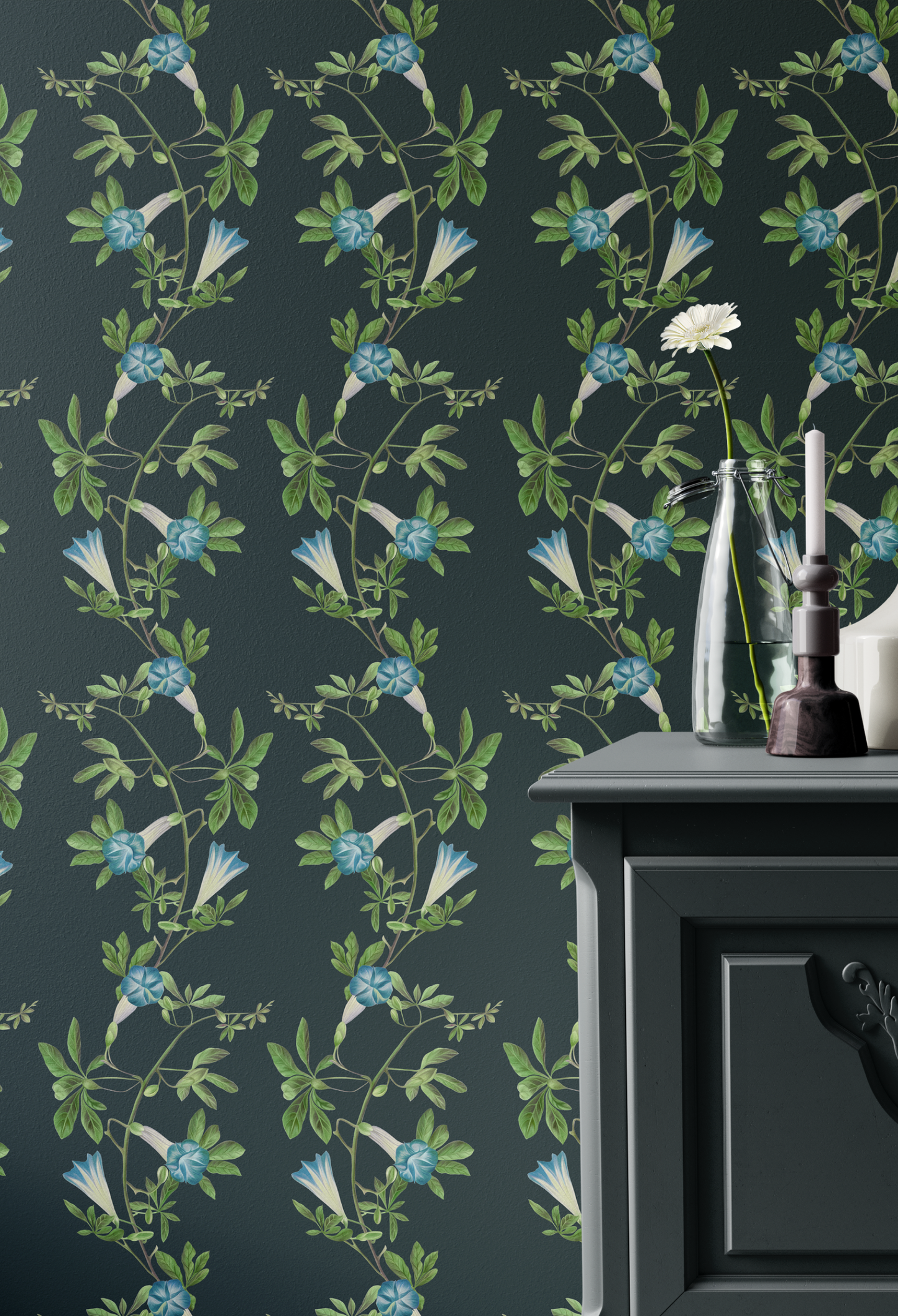Deus ex Gardenia's Luxury Botanical wallpaper of Midsummer in Charcoal in a modern room.