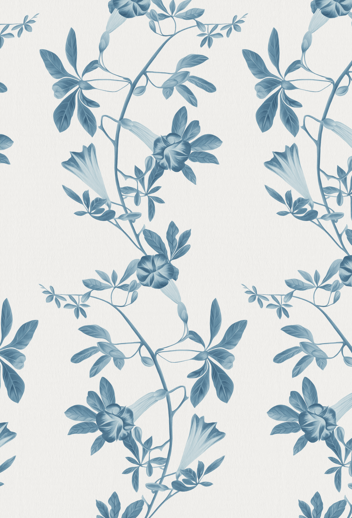 The midsummer in Iris designer wallpaper made of blue florals in a toile vine by Deus ex Gardenia.