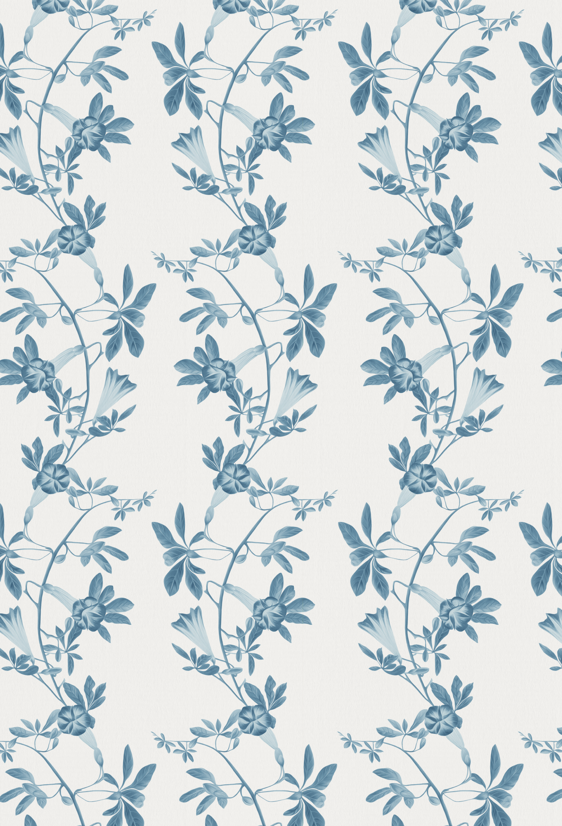 Toile inspired blue floral vines featuring the Midsummer in Iris luxury wallpaper by Deus ex Gardenia.