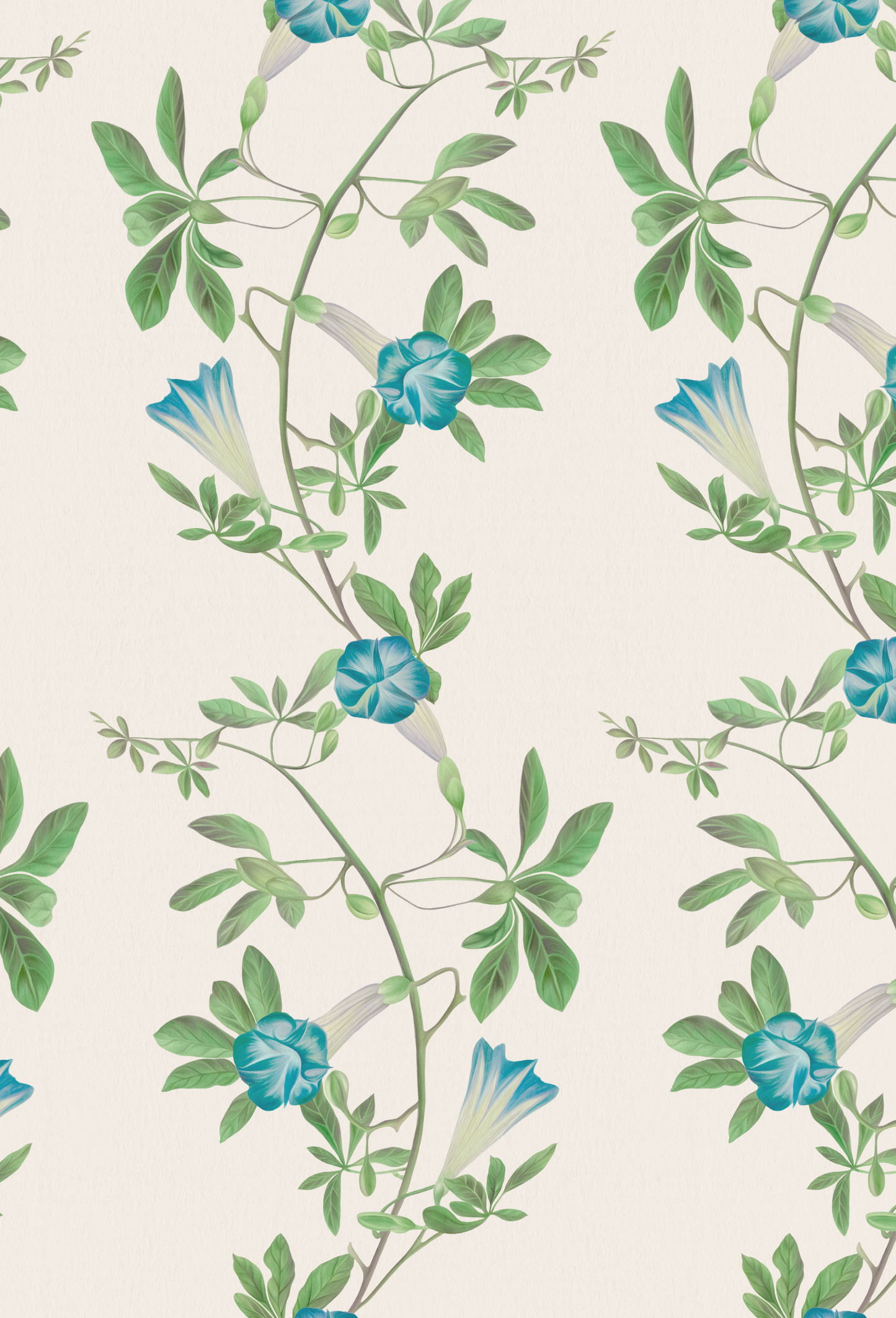 Small blue flowers on green vines with leaves featuring the Midsummer Wallpaper in Linen by Deus ex Gardenia.