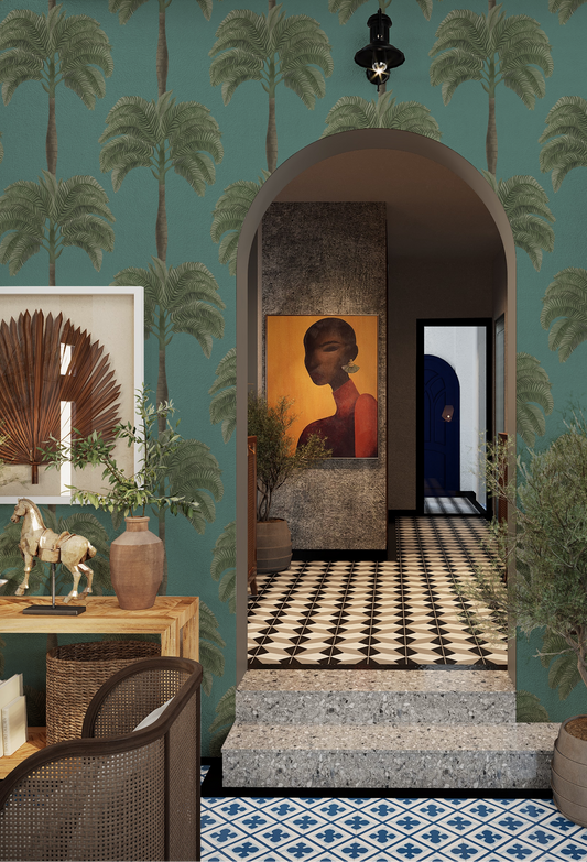 Luxurious lobby with art and Palm tree botanical 'Palma' in Bay wallpaper from Deus ex Gardenia. Photo by My Nguyen.