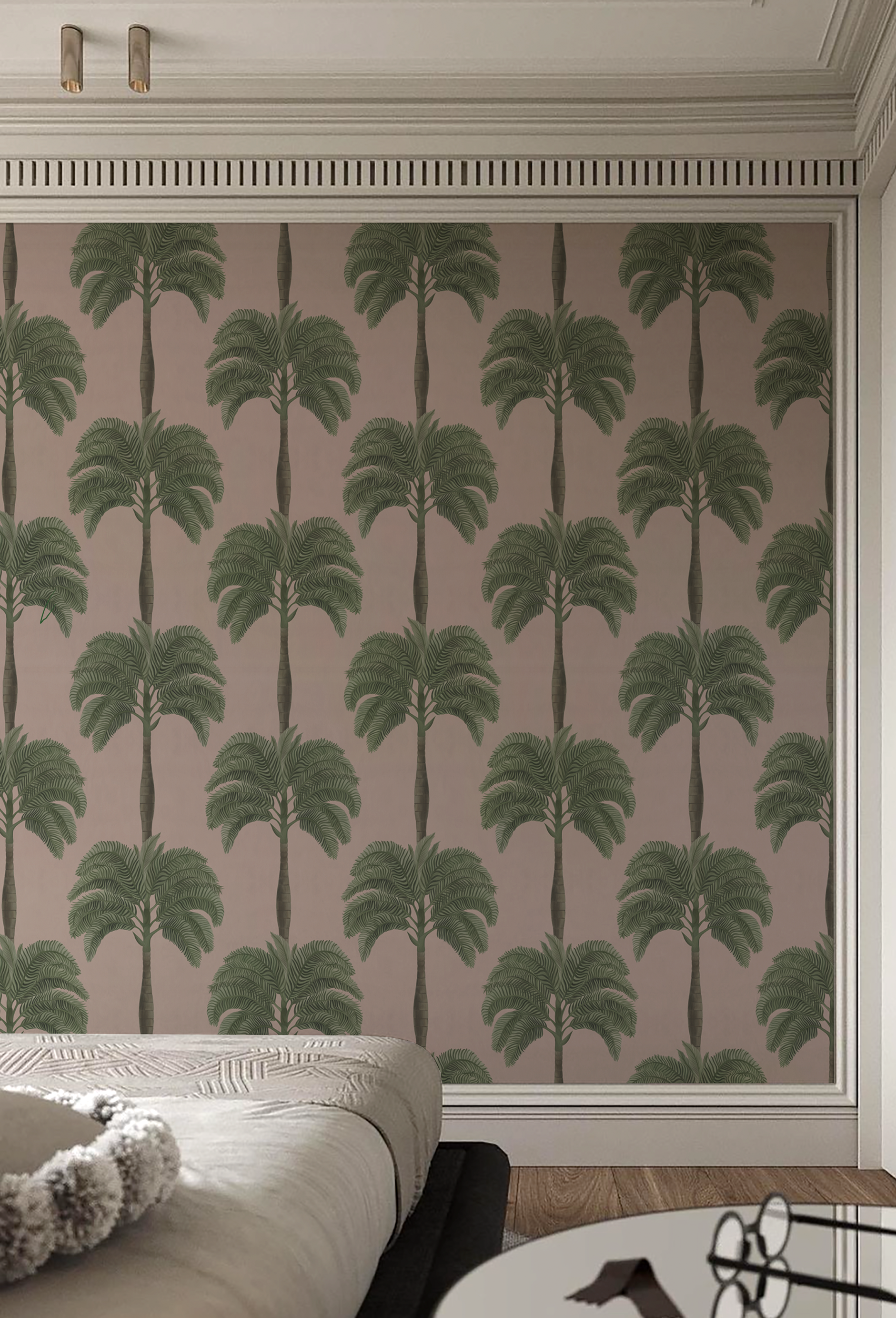Palma in Flamingo Wallpaper by Deus ex Gardina in a modern bedroom with palm tree patterned wallpaper with pink ground. Photo by HDM2 Architects.