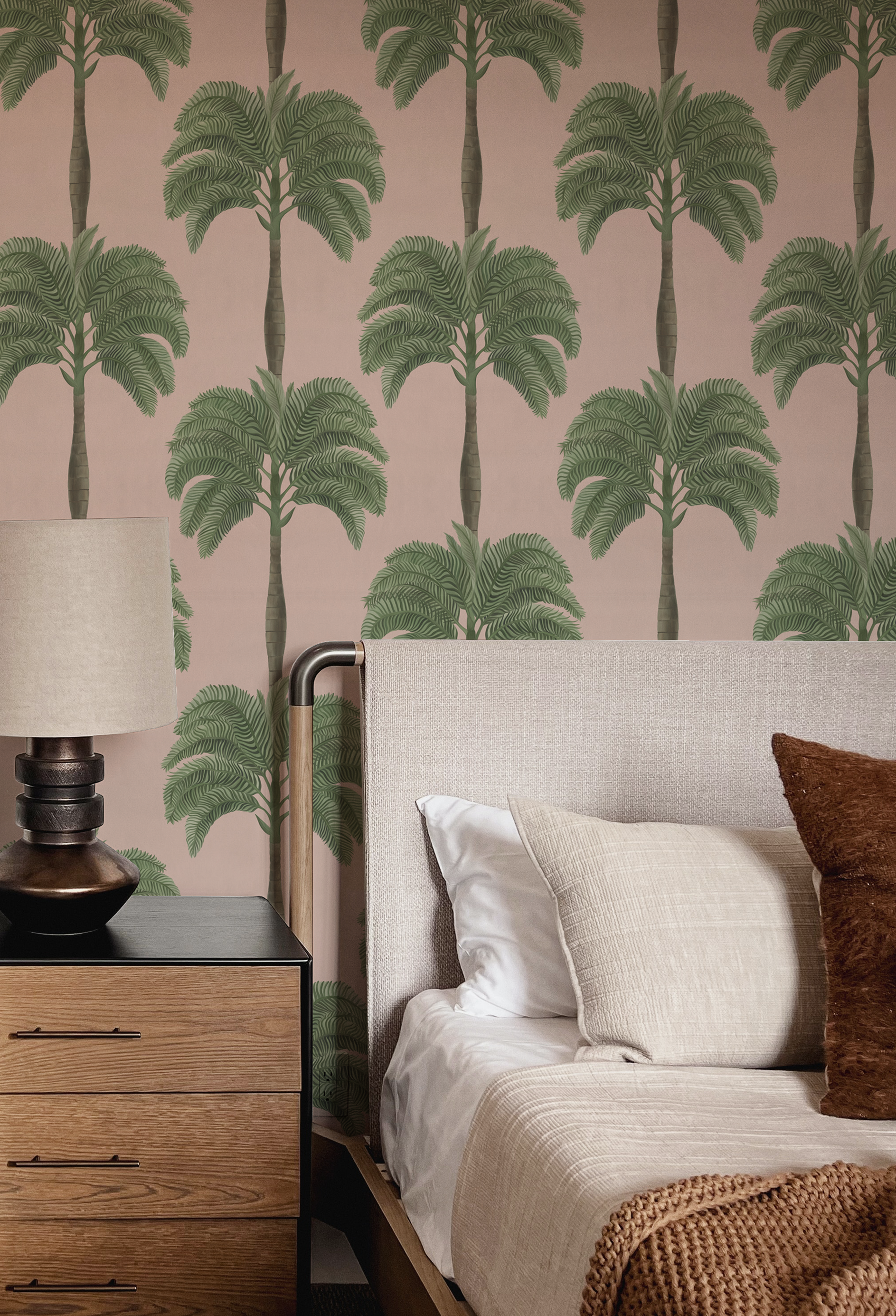 Bohemian modern bedroom with Deus ex Gardenia's Luxury palm tree stripe wallpaper of Palma in Flamingo. Photo by MK-S.
