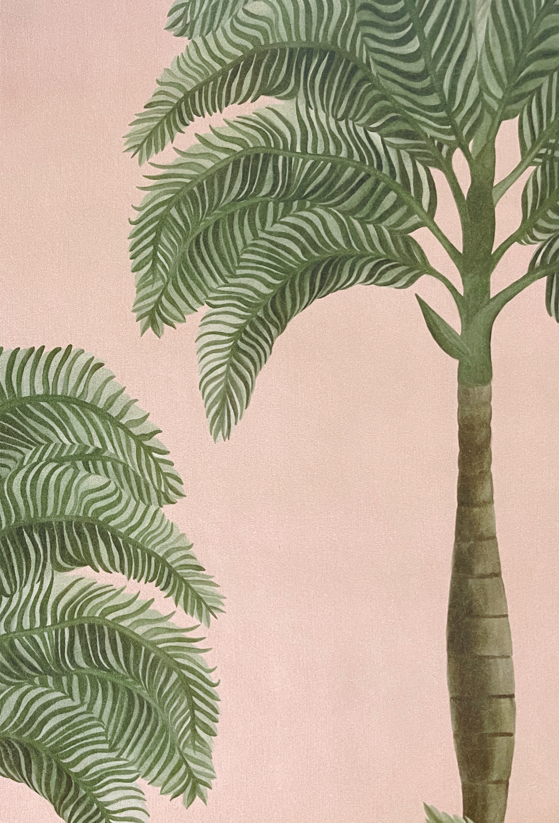 Close up of large palm tree wallpaper in pink of Deus ex Gardenia's Palma Wallpaper in Flamingo.
