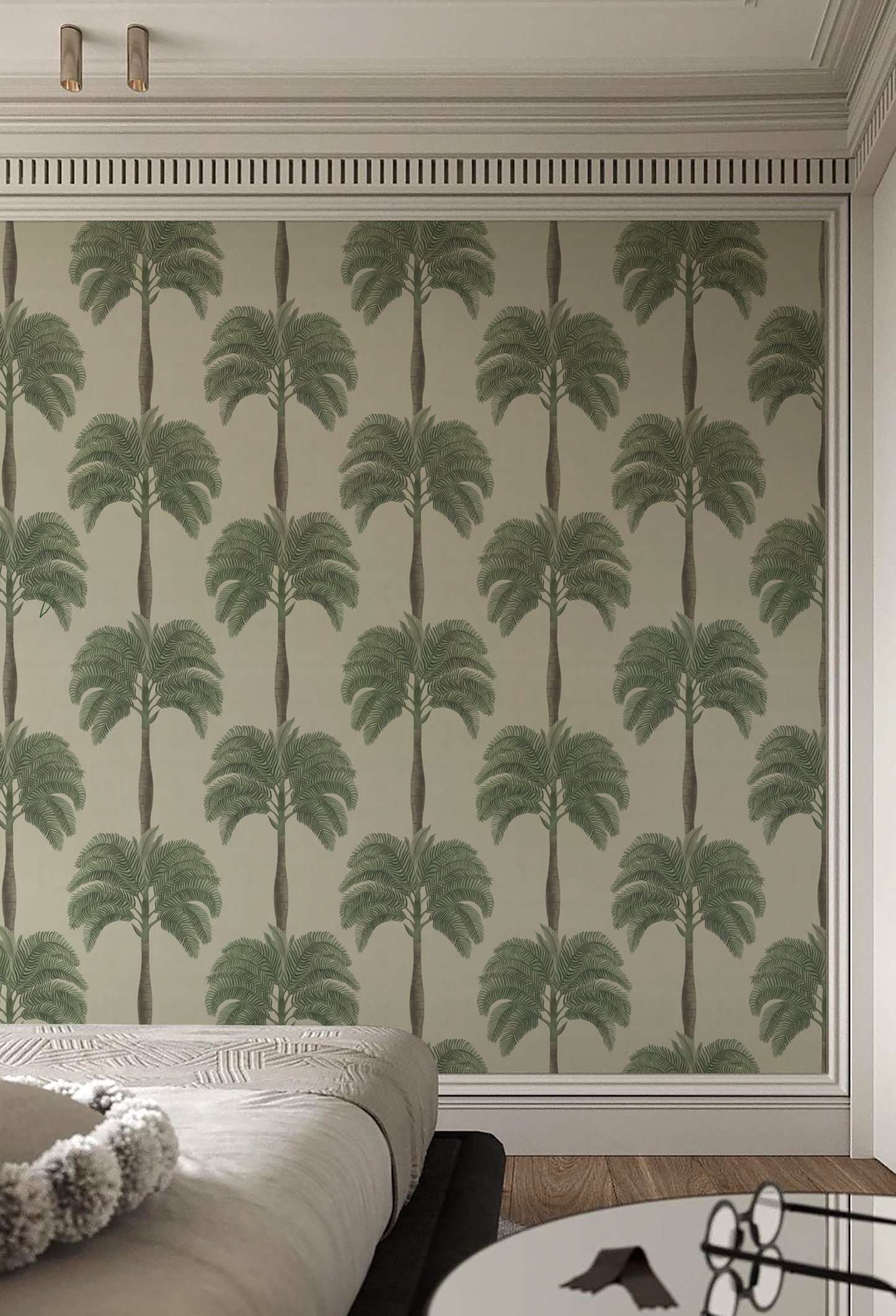 Luxury bedroom with bed and palm tree botanical Deus ex Gardenia's 'Palma' in Sand wallpaper. Photo by HDM2 Architects.