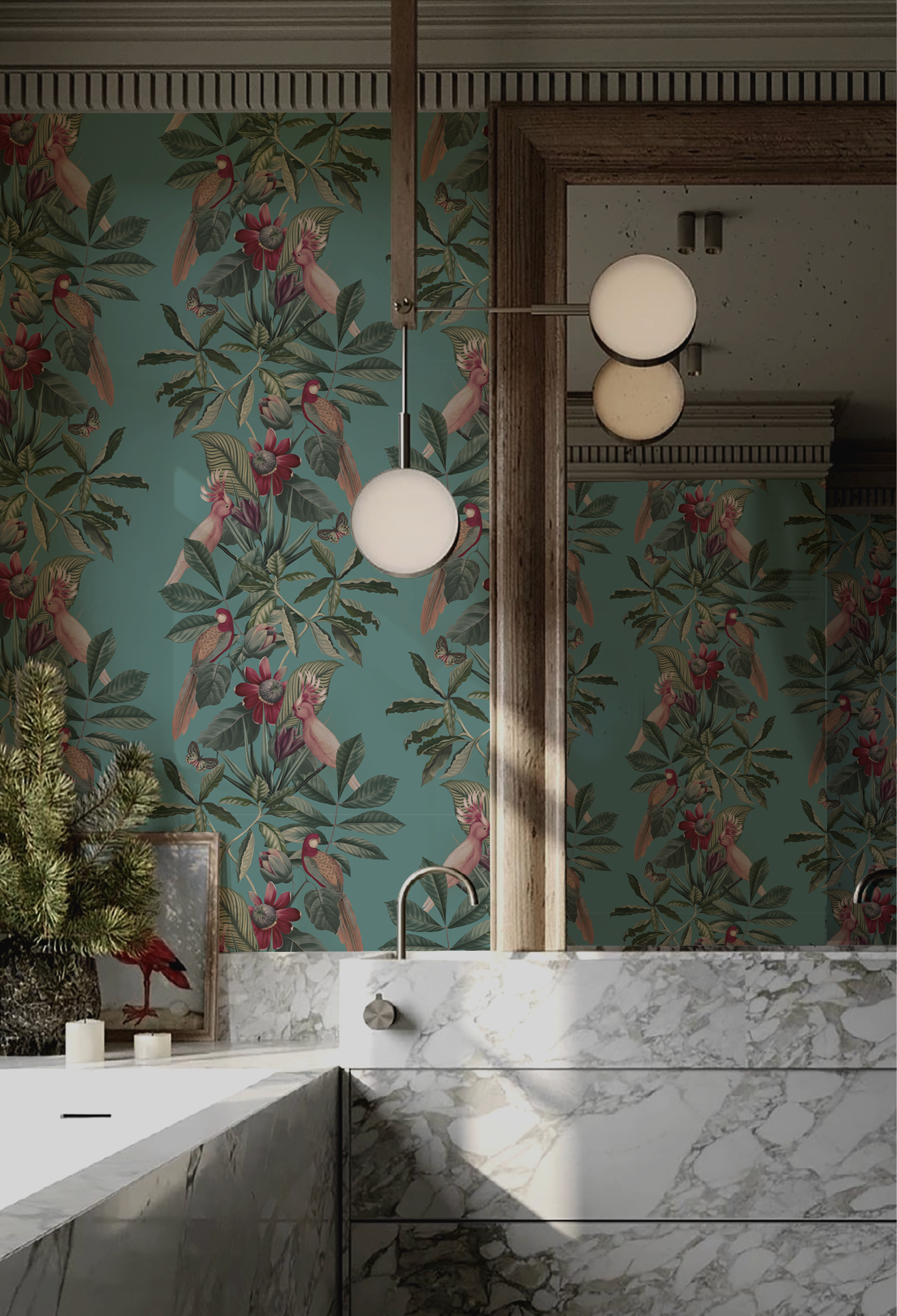 Luxury modern bathroom with Deus ex Gardenia's Passiflora Superwide wallpaper in Vardo blue. Photo by HDM2 Architects.