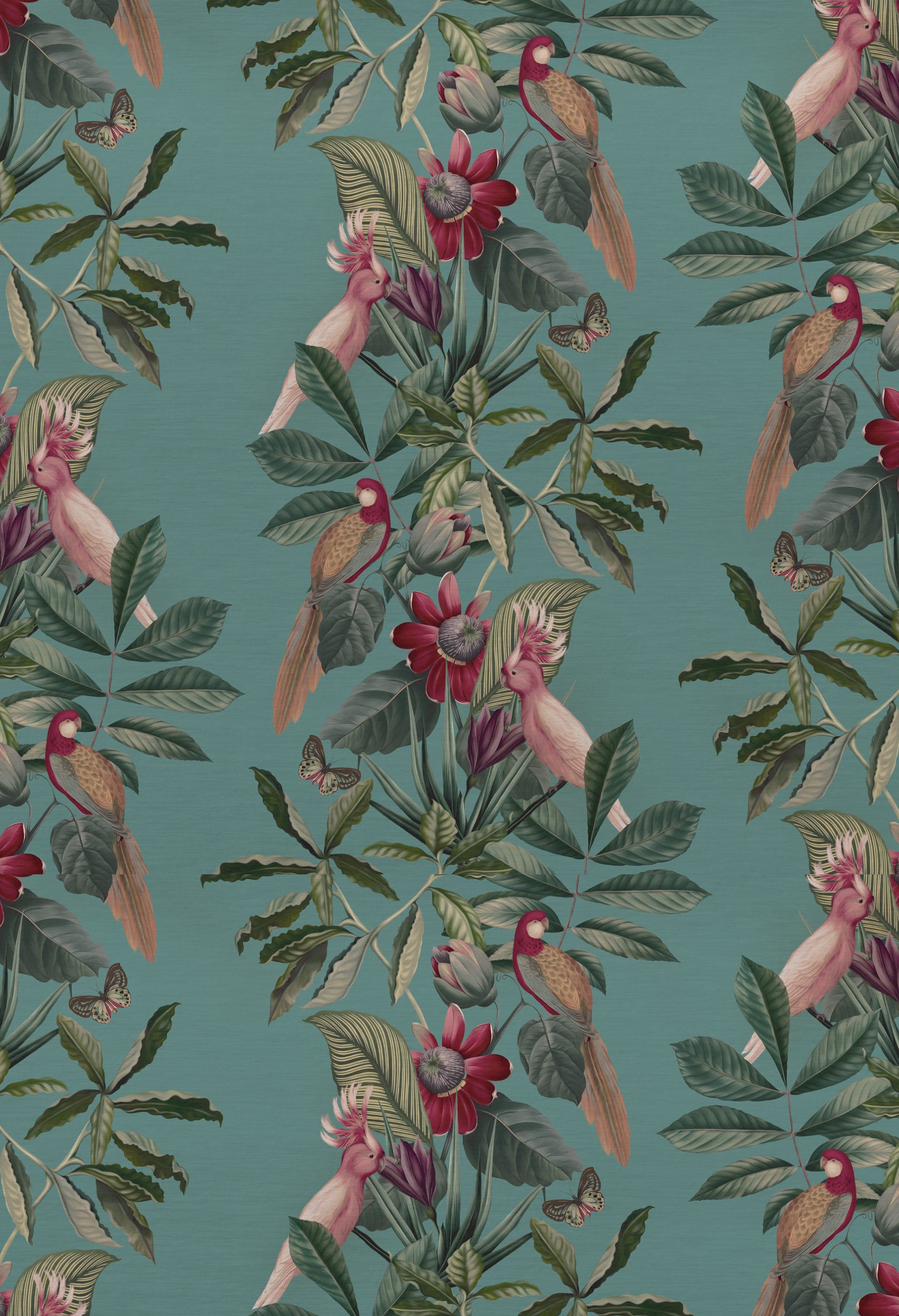 Passiflora Superwide in Vardo Wallpaper of a tropical pattern of birds, flowers and leaves on teal background by Deus Ex Gardenia.