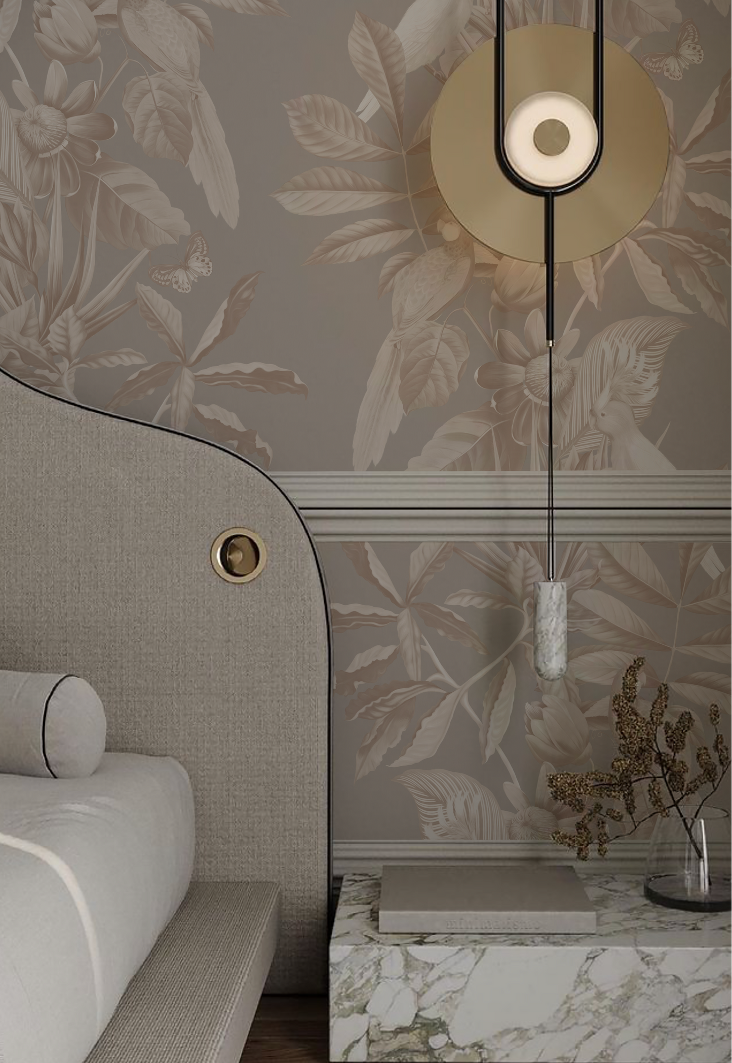 Luxury modern bedroom with hanging light and Deus ex Gardenia's Passiflora in Ammonite Grey Wallpaper. Phot by HDM2 Architects.