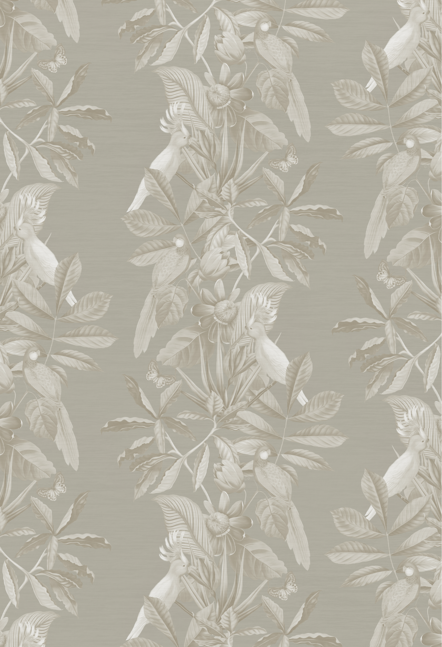 Patterned tropical luxurious wallpaper by Deus ex Gardenia of Passiflora in Ammonite grey  of a tropical scene.
