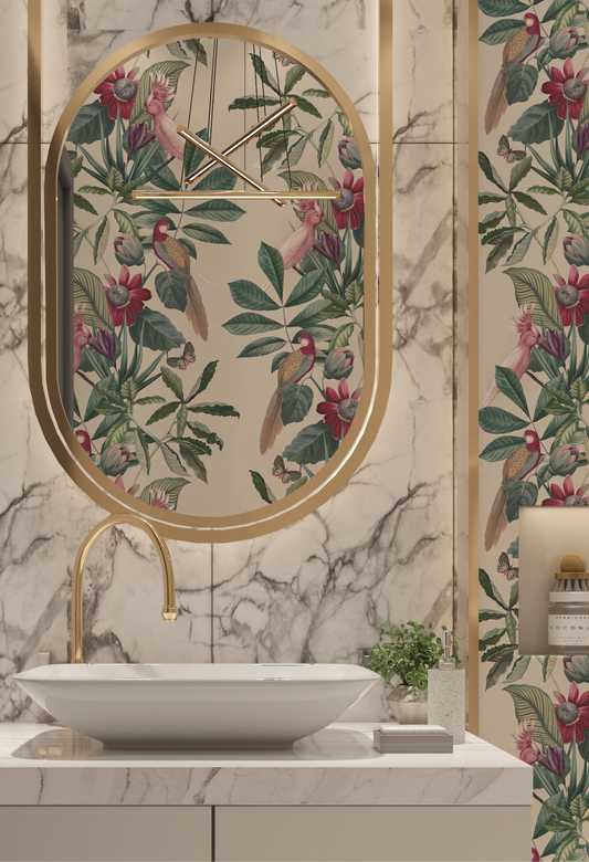 Luxury modern bathroom with mirror and marble surrounded by Deus ex Gardenia's Tropical Passiflora Antique Wallpaper. Photo by Amira Aboalnaga.