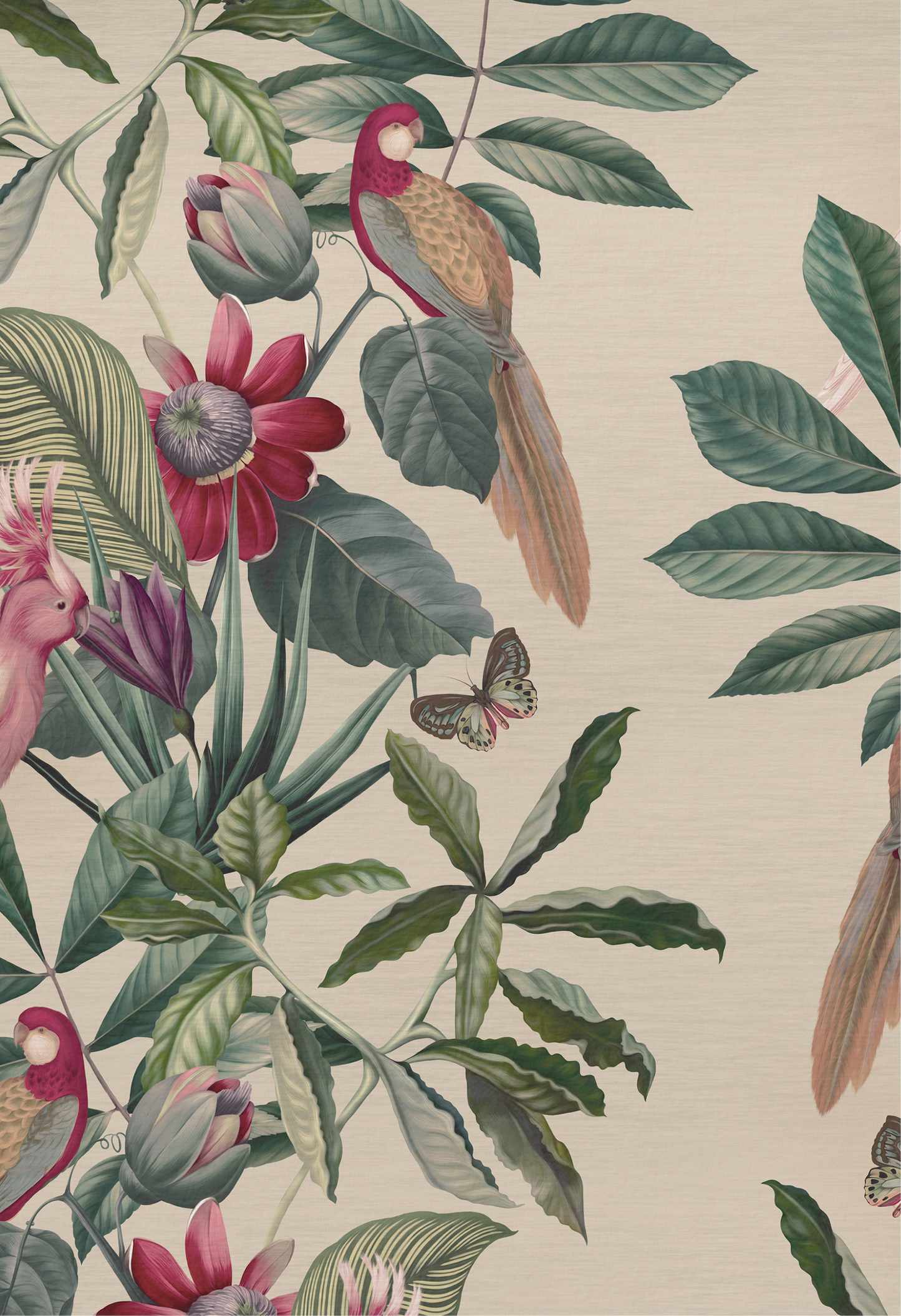 Passion flower surrounded by tropical birds, flowers in a canopy on light background by Deus ex Gardenia of Passiflora wallpaper in Antique.