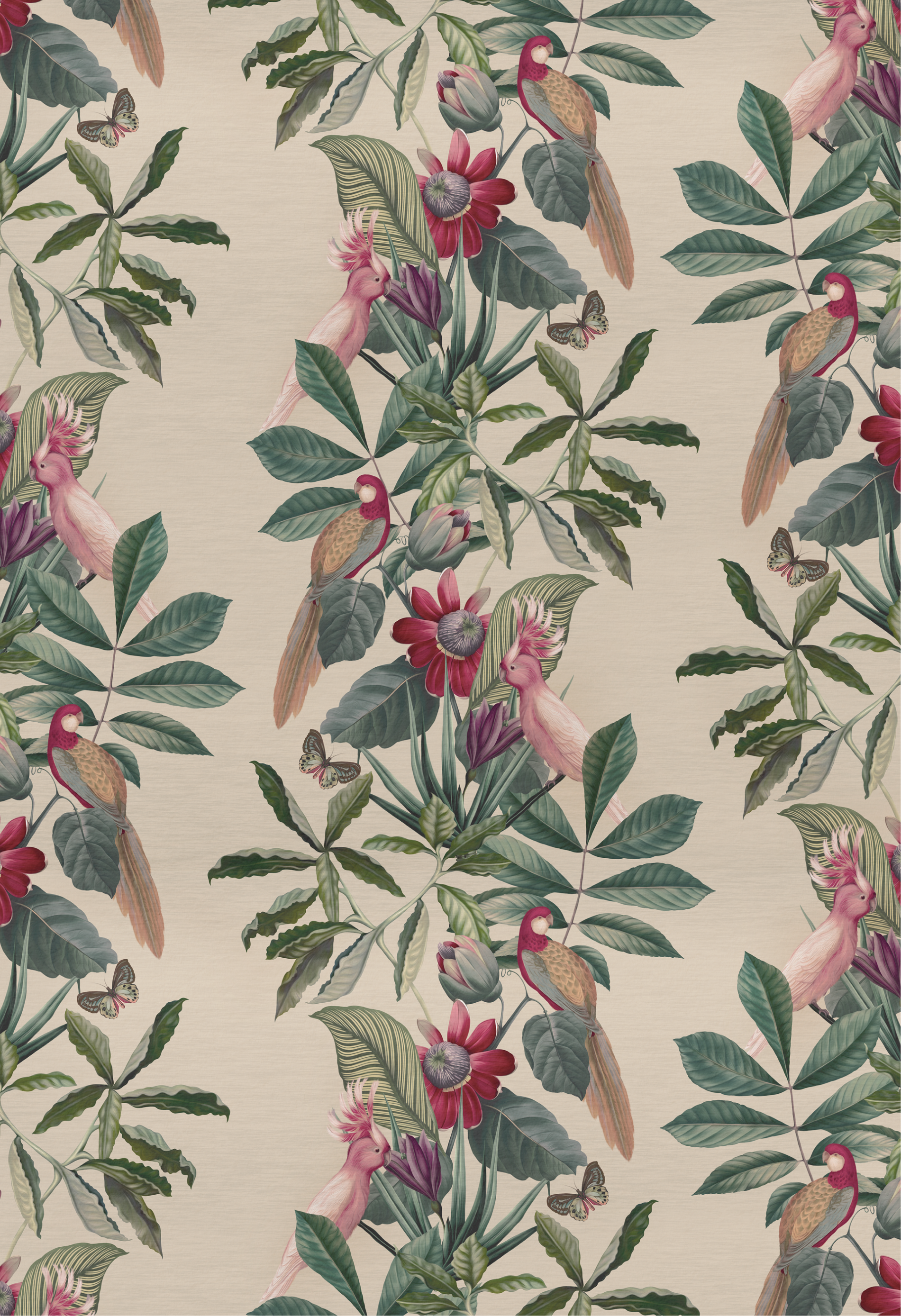 Tropical luxurious pattern of flowers, birds and butterflies from Deus ex Gardenia's Passiflora Wallpaper in Antique. 