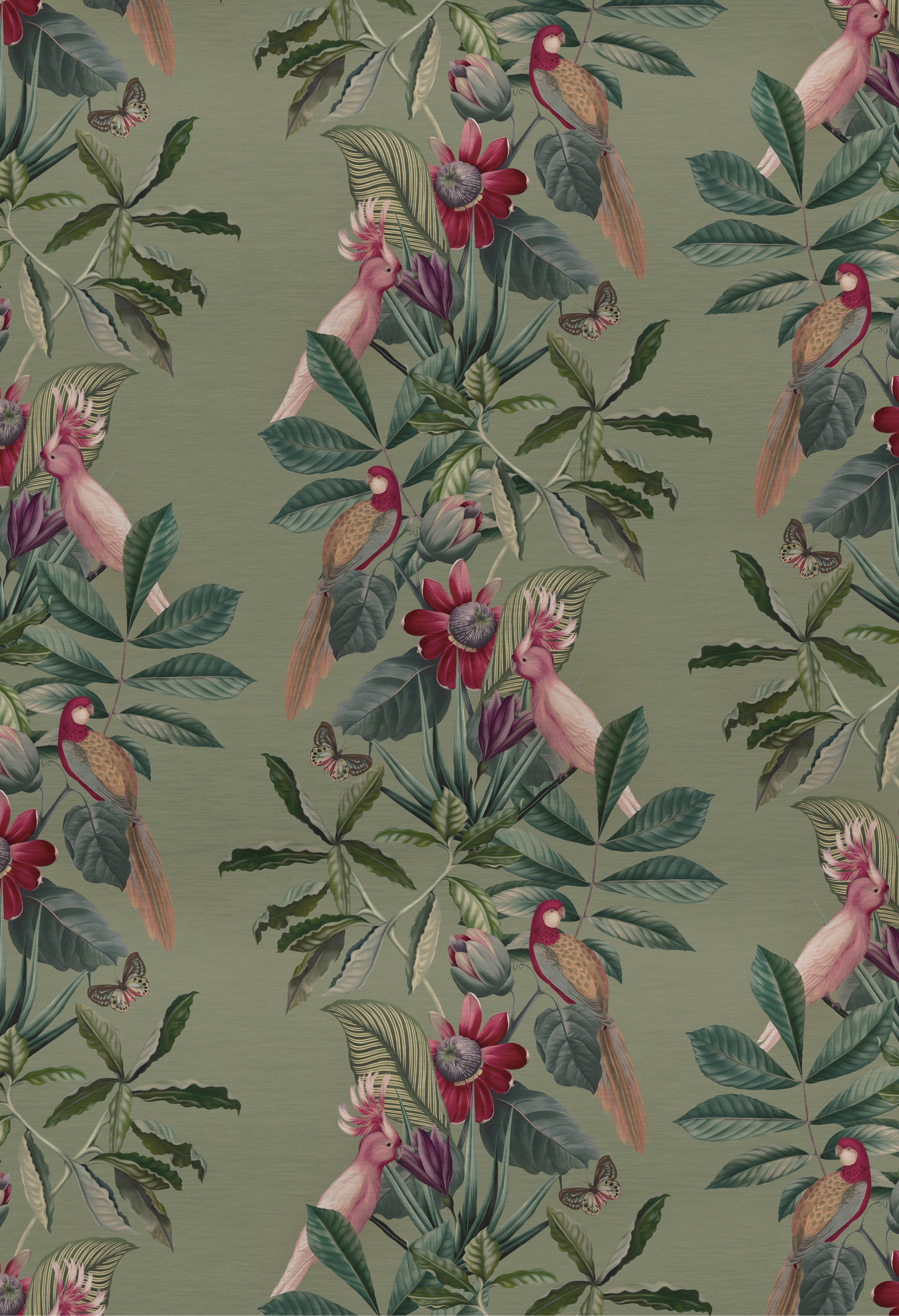 Tropical fauna and flora design of birds, flowers and leaves on green background from Deus ex Gardenia of Passiflora wallpaper in sage.