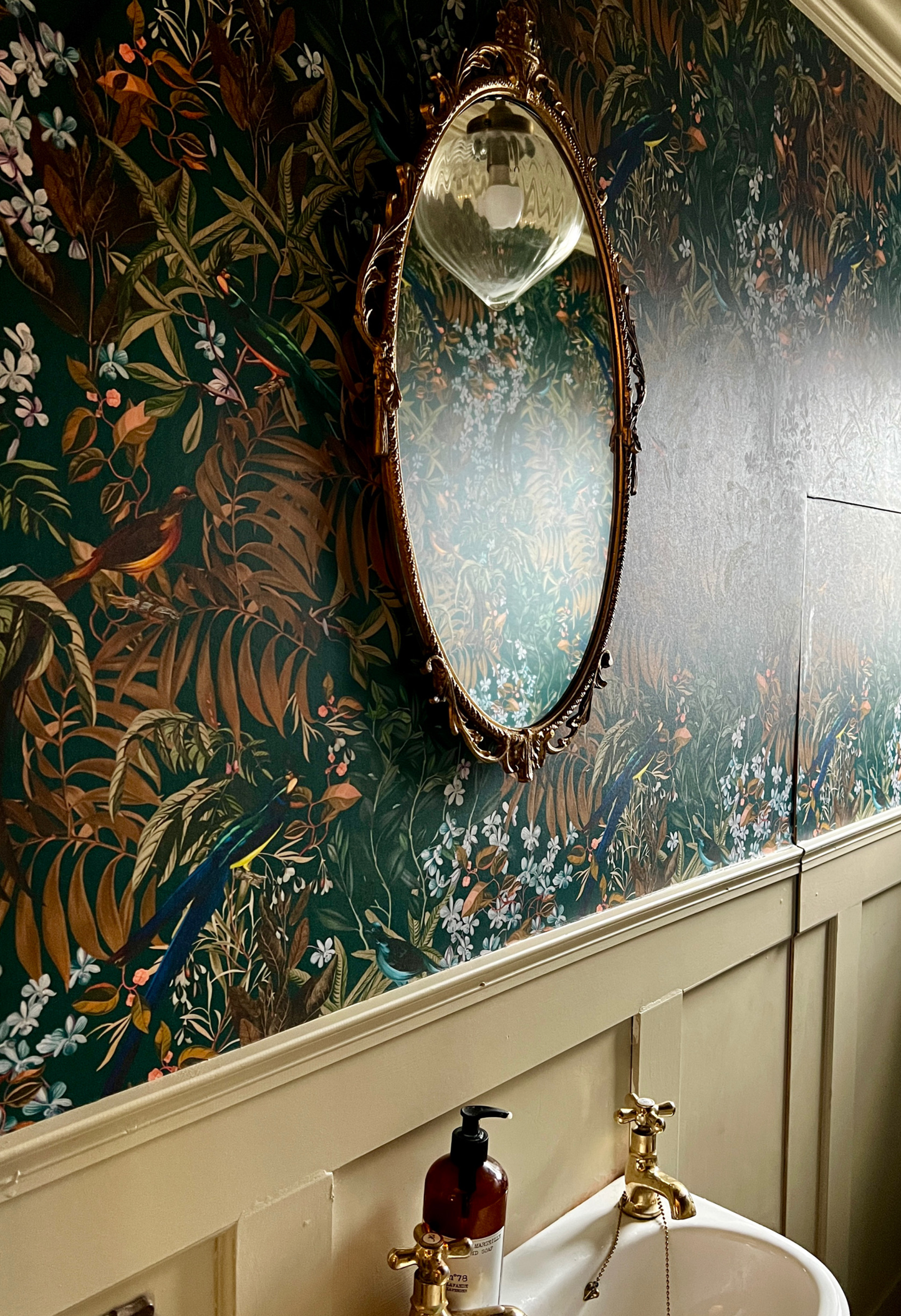 Vintage inspire luxury bathroom with botanical dark wallpaper with birds and flowers in a rainforest from Deus ex Gardenia of the Resplendent Woods Wallpaper in Forest. Photo by Delve Interiors.