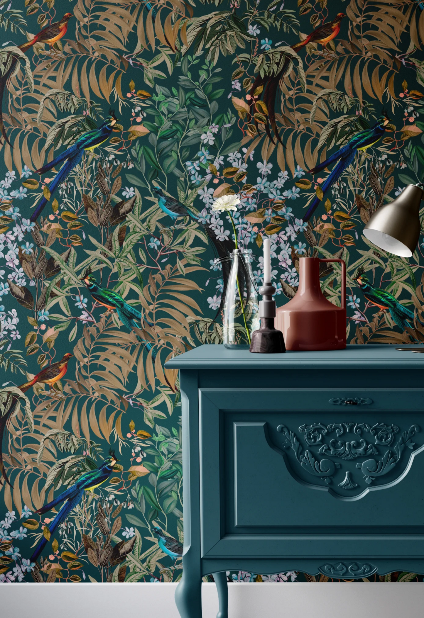 Vintage inspired room with teal cabinet surrounded by Deus ex Gardenia of Resplendent Woods Wallpaper in Forest with dark green tropical birds and flowers.