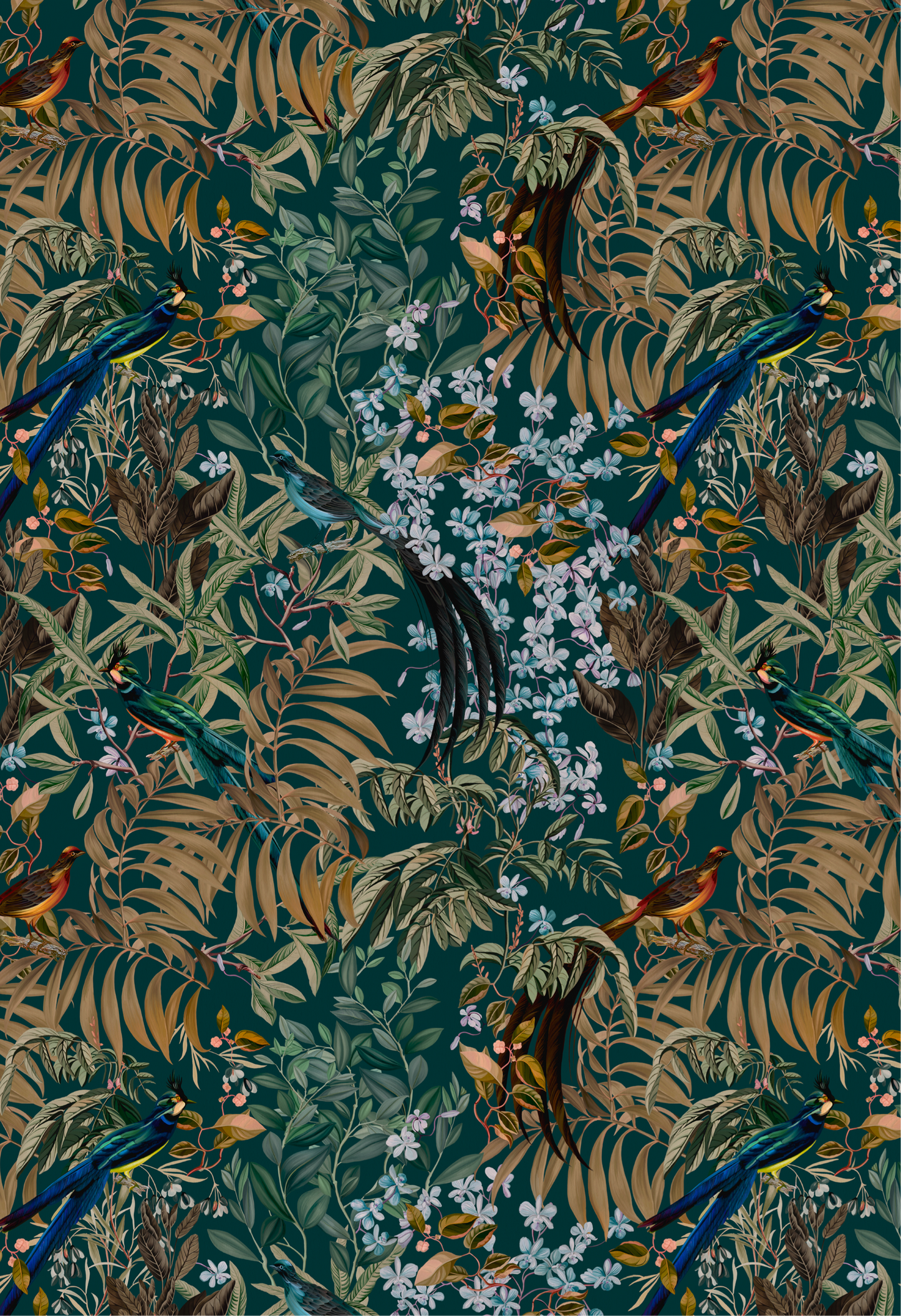 Botanical wallpaper of tropical birds and blue florals in a woodland with golden palms by Deus ex Gardenia of Resplendent Woods Wallpaper in Forest. 