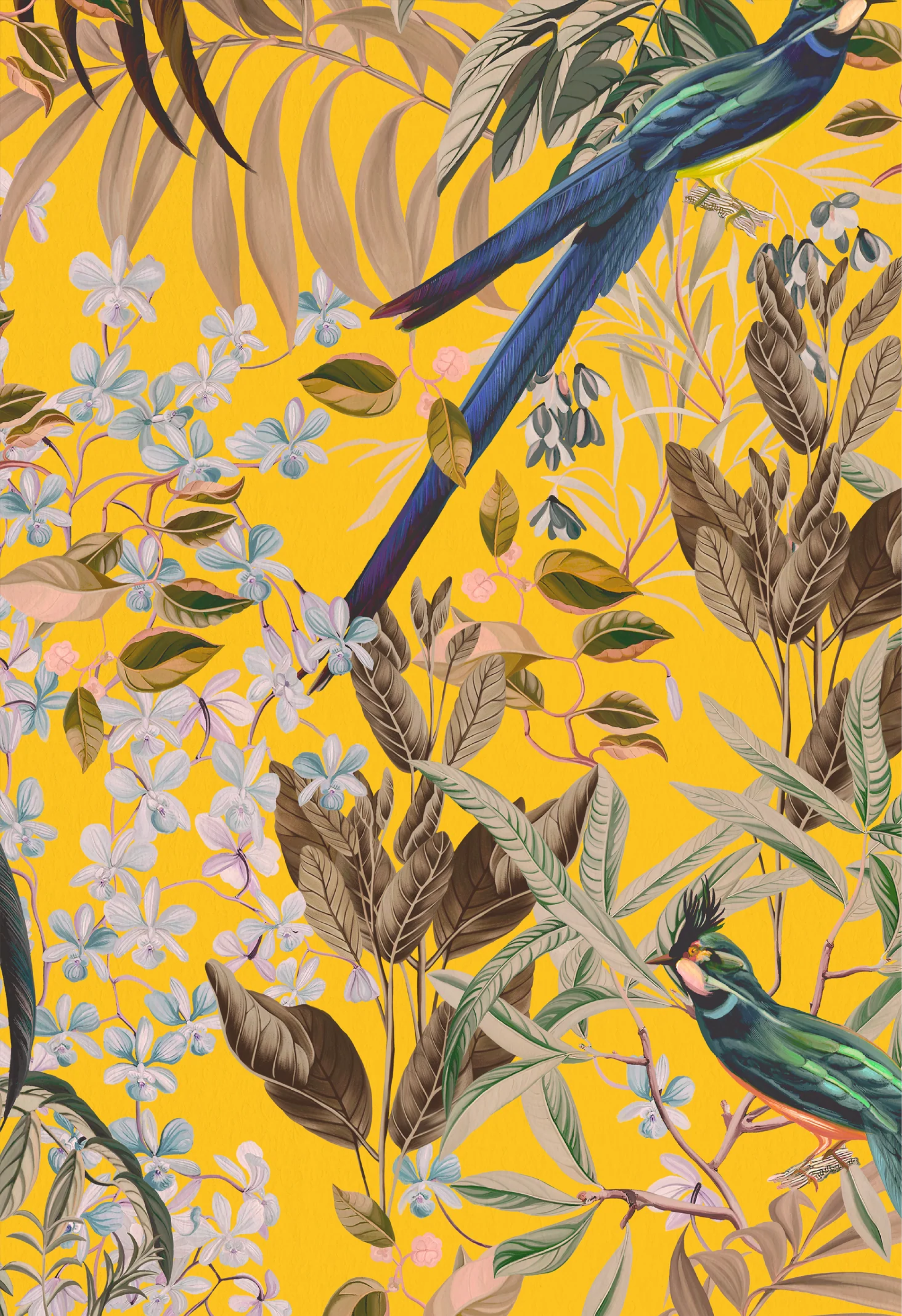 Botanical, floral and tropical illustration of vintage inspired Deus ex Gardenia's of Resplendent Woods Wallpaper in India Yellow. of birds.