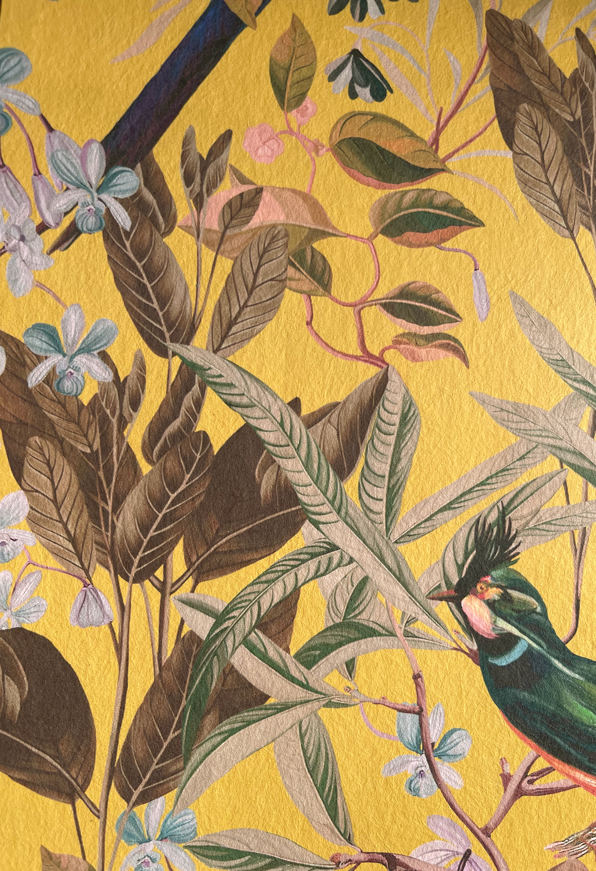 Close up botanical leaves, flower and birds on textured designer 'Deus ex Gardenia's Resplendent Woods Wallpaper in India Yellow. 
