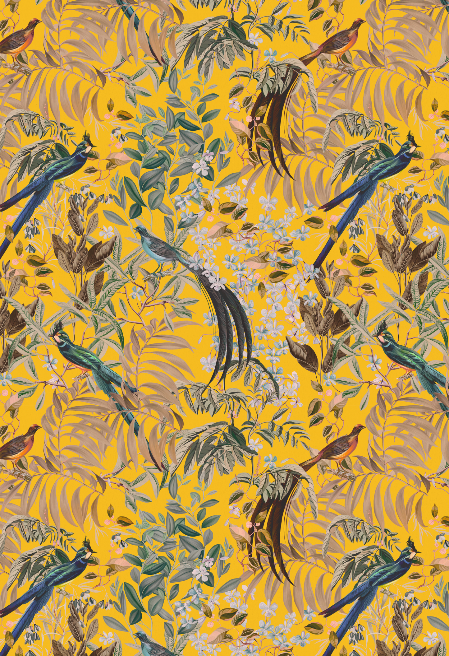 Fauna and flora pattern of botanical birds, flowers and leaves by Deus ex Gardenia of Resplendent Woods Wallpaper in India Yellow.