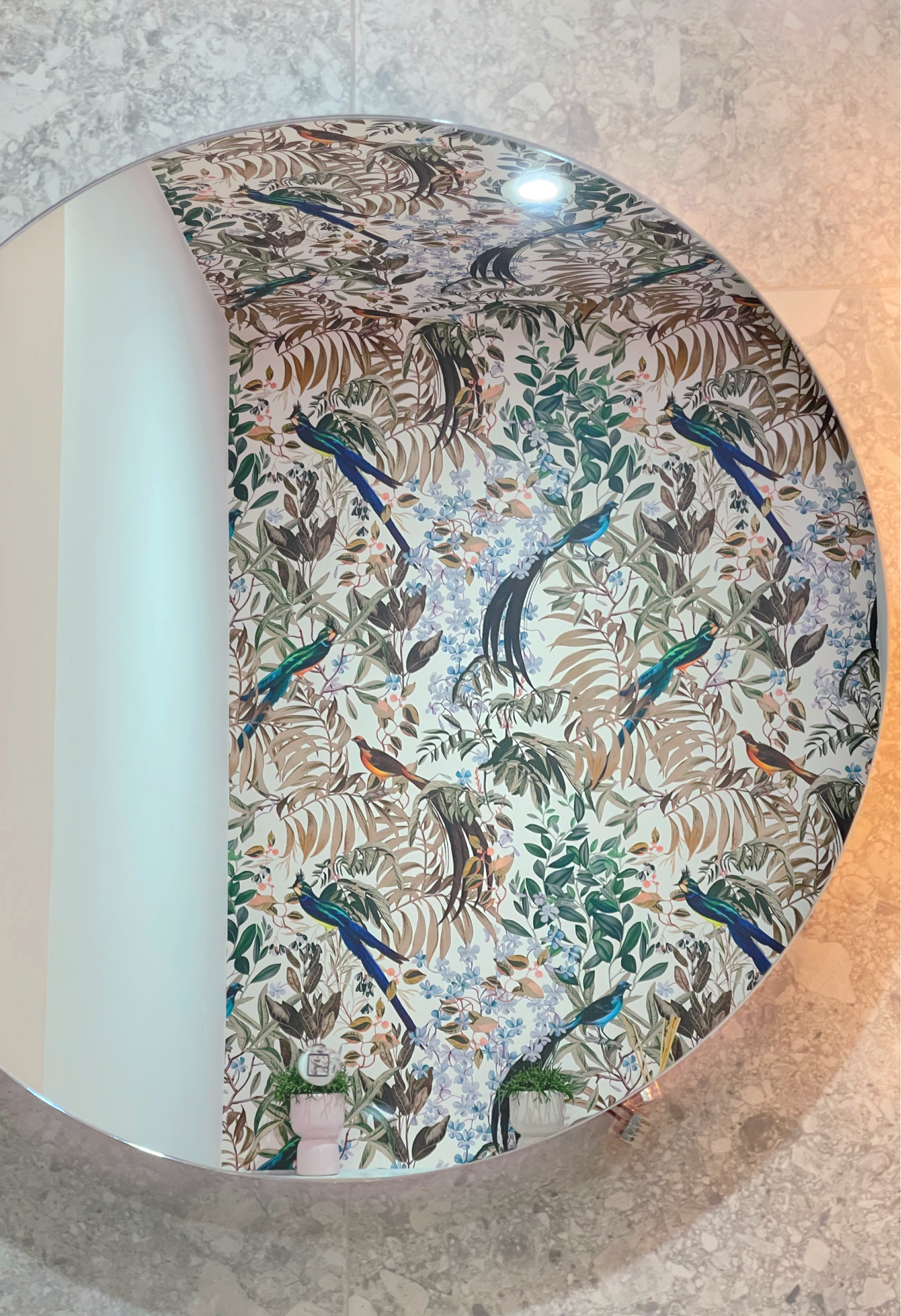 Large modern mirror reflecting botanical design from Deus ex Gardenia of Resplendent Woods Wide Wallpaper in Shaded White. Photo by Aesthetics Lab in Belgravia.