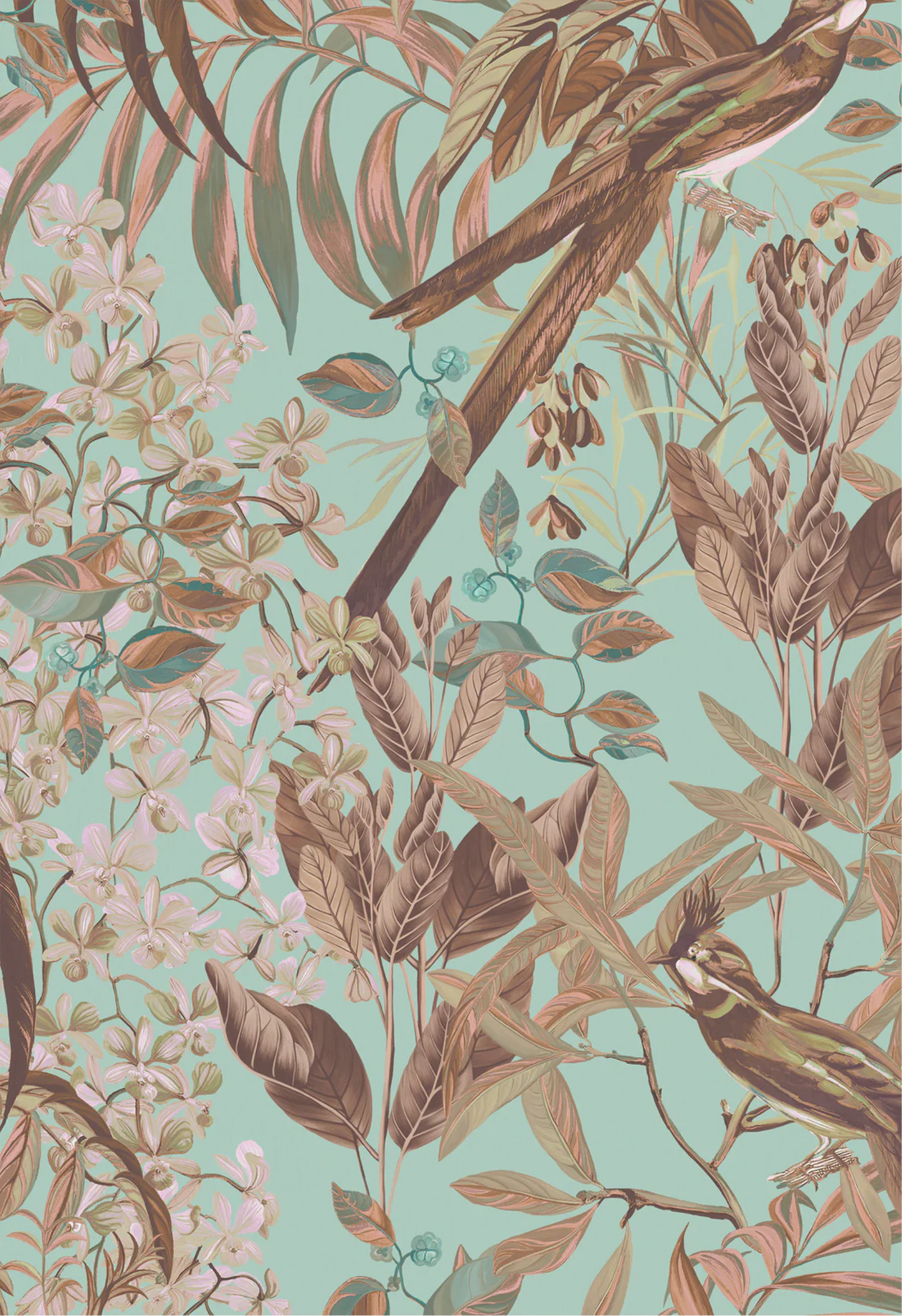Tropical detailed birds painted with leaves palms and orchids from Deus ex Gardenia of Resplendent Woods Wallpaper in Teal. 