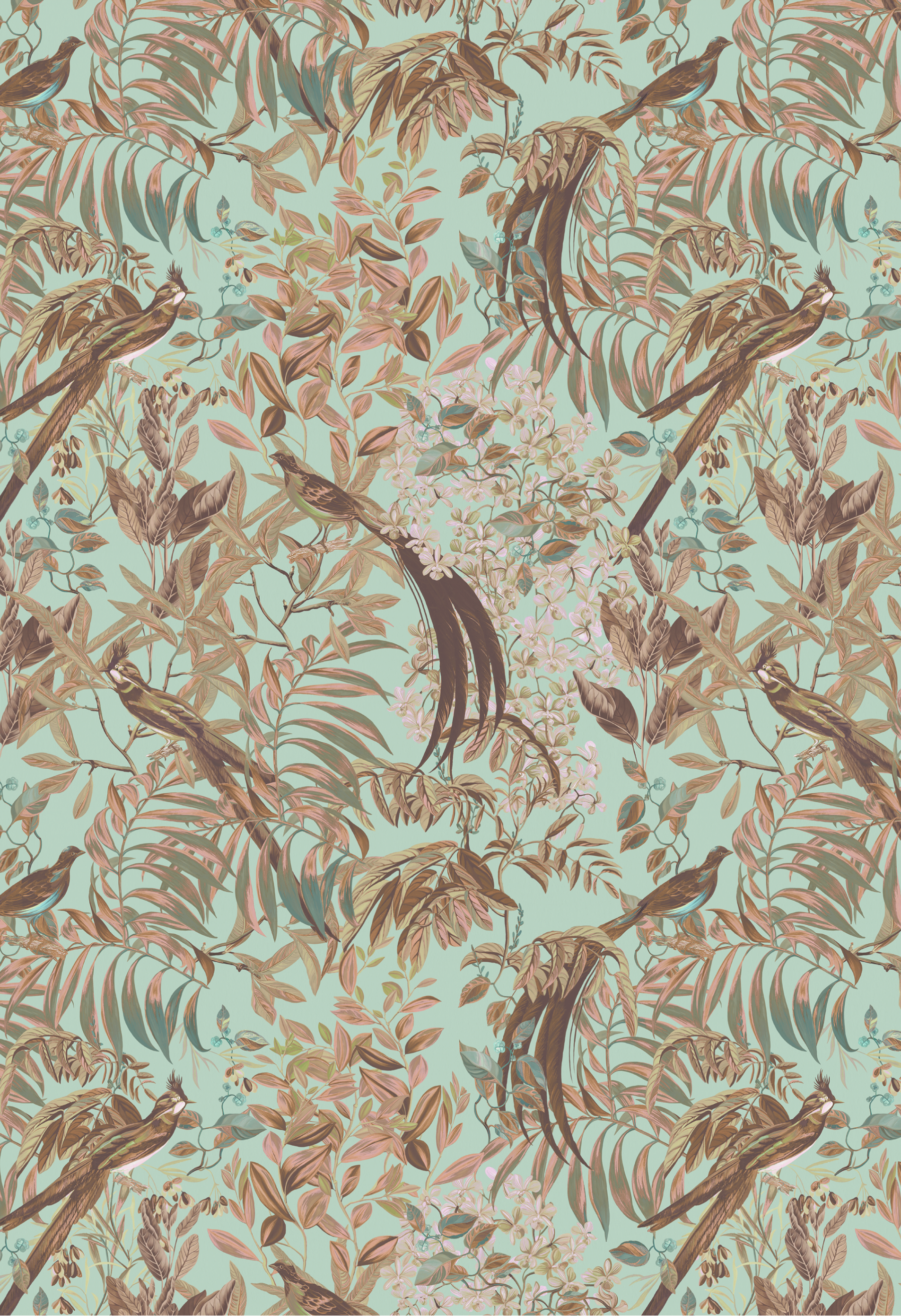 Painted bird and floral wallpaper surrounded by leafy branches and palms from Deus ex Gardenia of Resplendent Woods Wallpaper in Teal.