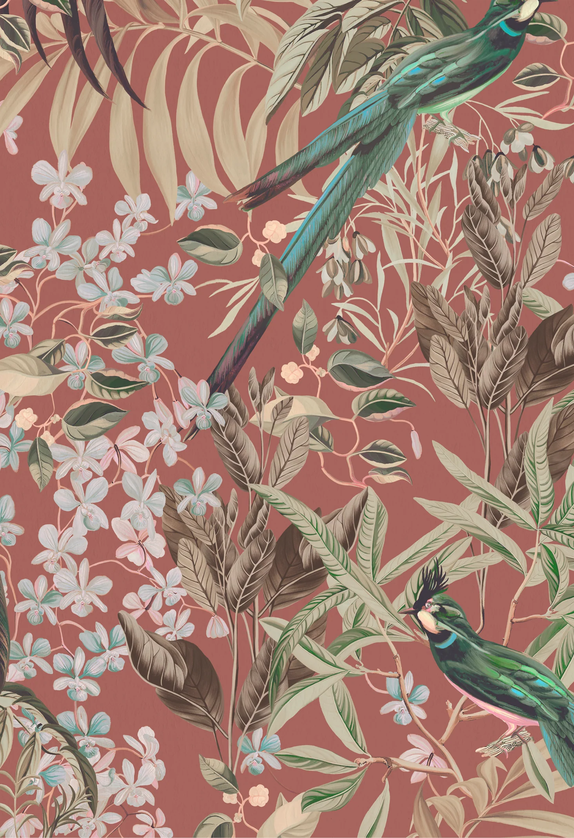 Botanical green tropical bird surrounded by leaves and florals from Deus ex Gardenia's Resplendent Woods Wallpaper in Terracotta. 