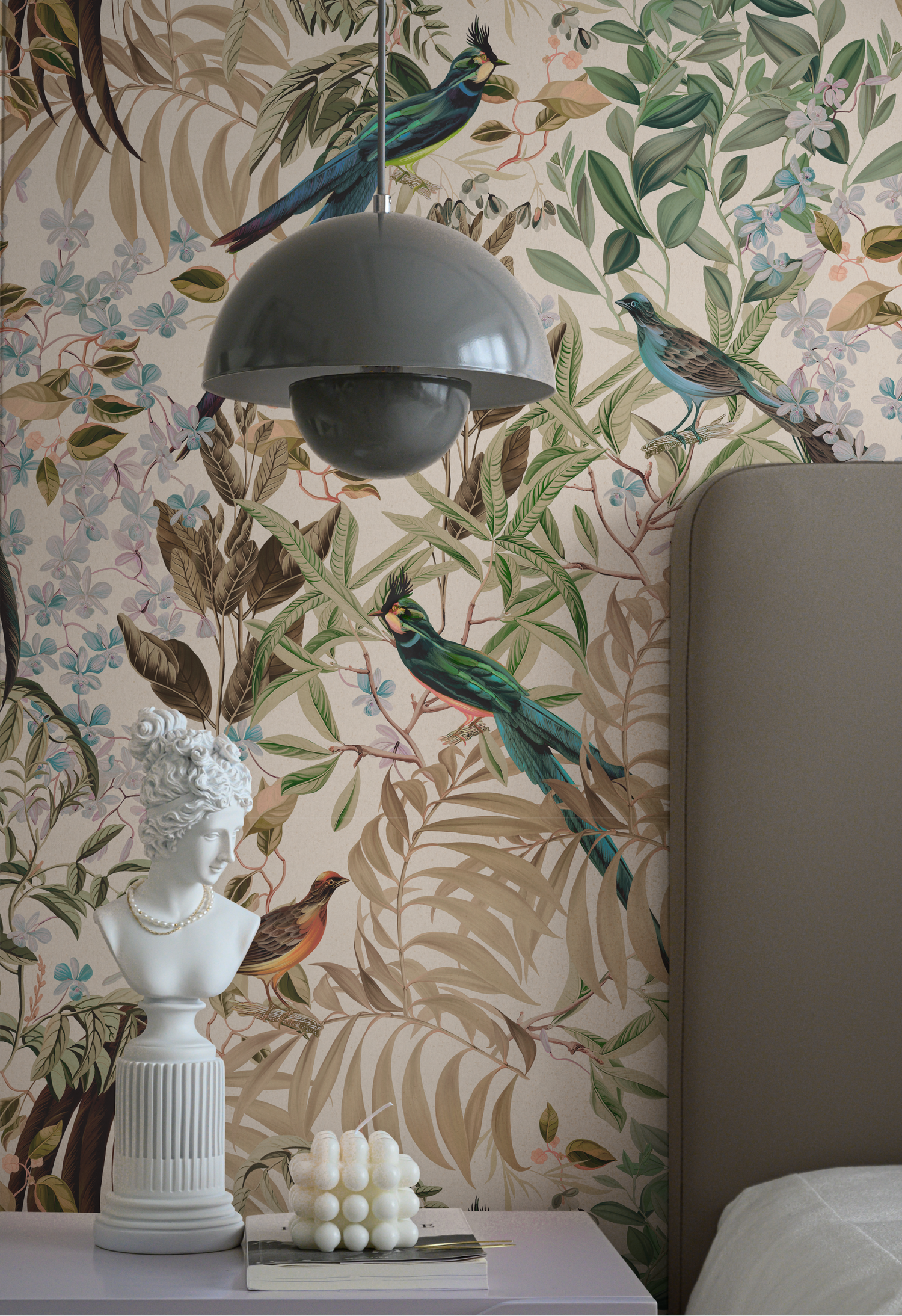 Modern glamorous bedroom with botanical illustrated design of Deus ex Gardenia of Resplendent Woods Wide Wallpaper in Shaded White. Photo by Xie Yujie Nick.