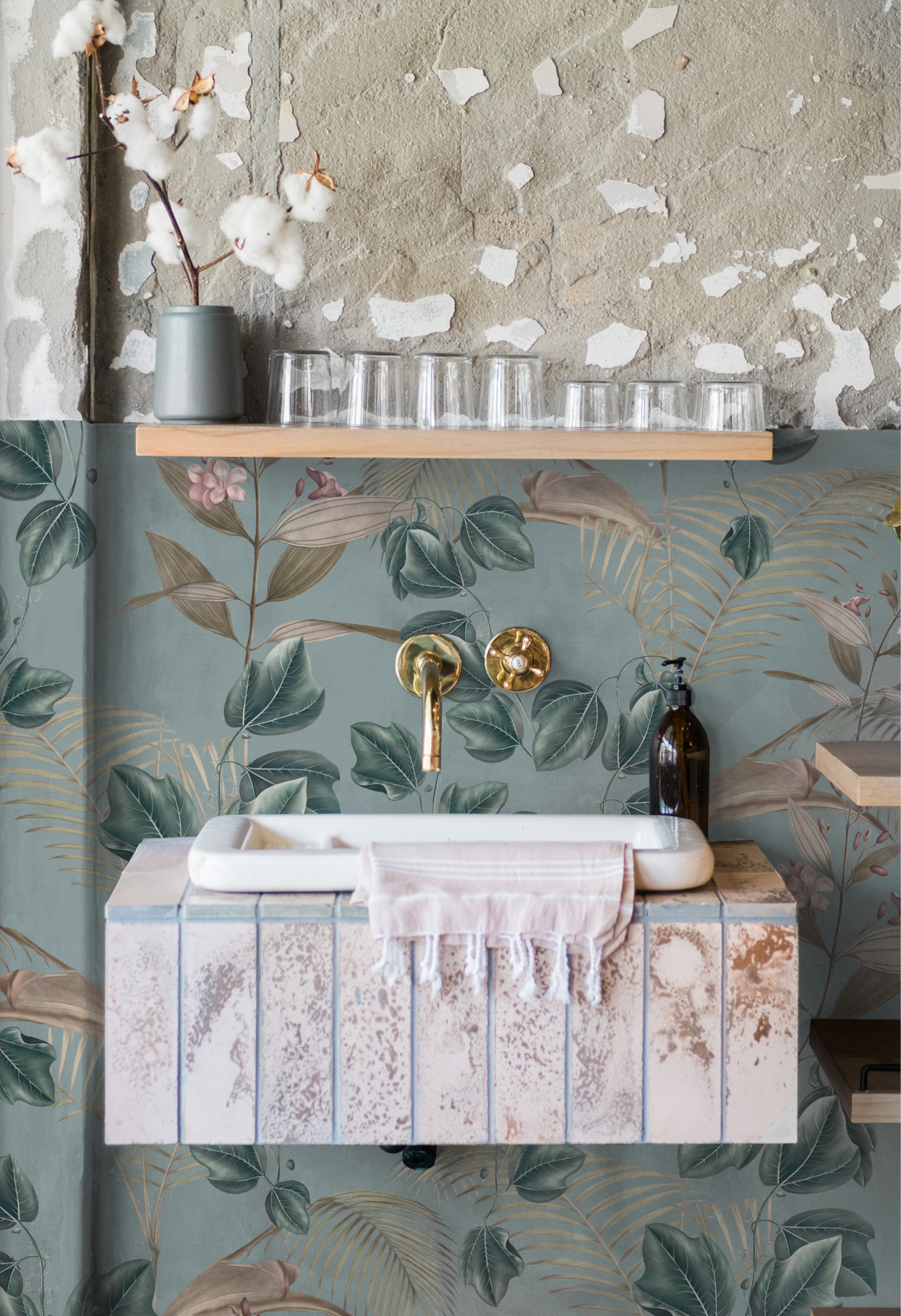 Modern room with sink surrounded by tropical palm design with leaves and a monkey on blue background by Deus ex Gardenia's Wild Ivy wallpaper in Horizon. Photo by Arno Smit Knynaa.