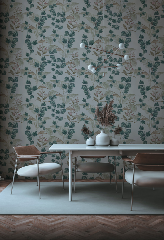 Modern dining room with designer creeping ivy and palm fauna and flora wallpaper by Deus ex Gardenia's 'Wild Ivy' wallpaper in Dawn.  Photo by Billy Jo Catbagan.