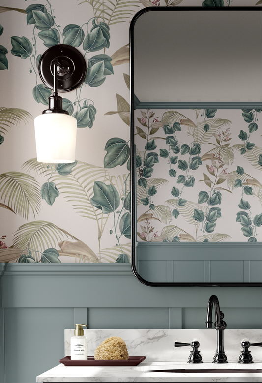 Modern bathroom with climbing Ivy, palms and florals on white ground by Deus Ex Gardenia's Wild Ivy Wallpaper in Dawn.