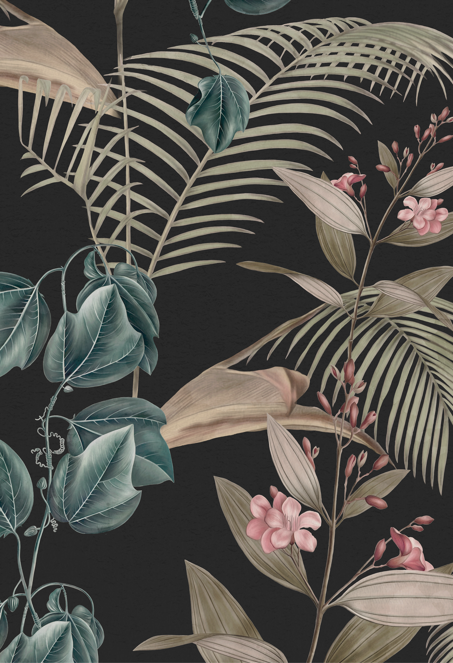 Tropical designer botanical illustration of ivy, palm leaves and florals on black background by Deus ex Gardenia of Wild Ivy Wallpaper in Dusk. 
