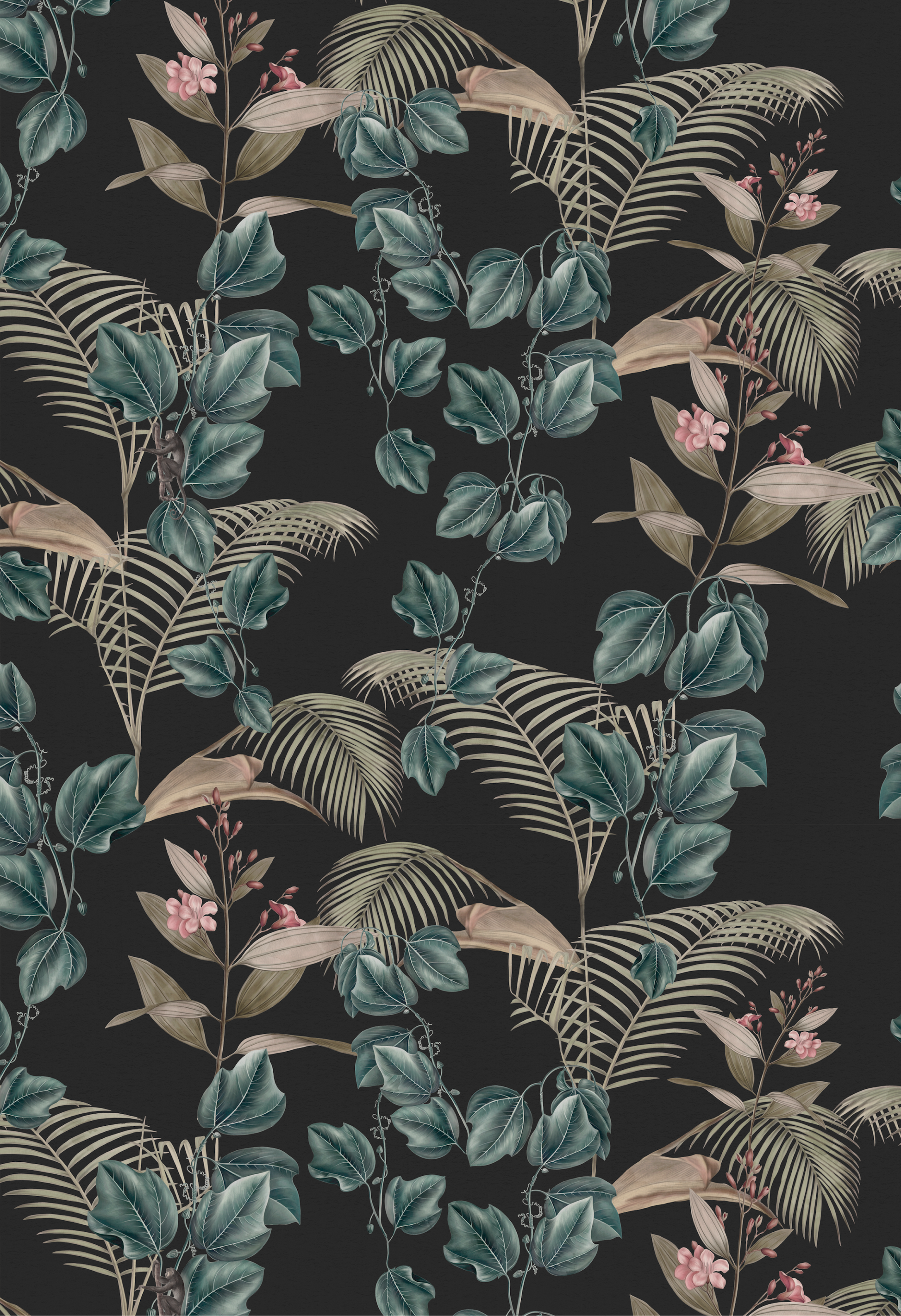 Fauna and flora pattern of creeping ivy and tropical leaves with pink flowers on dark background from Deus ex Gardenia of Wild Ivy Wallpaper in Dusk.