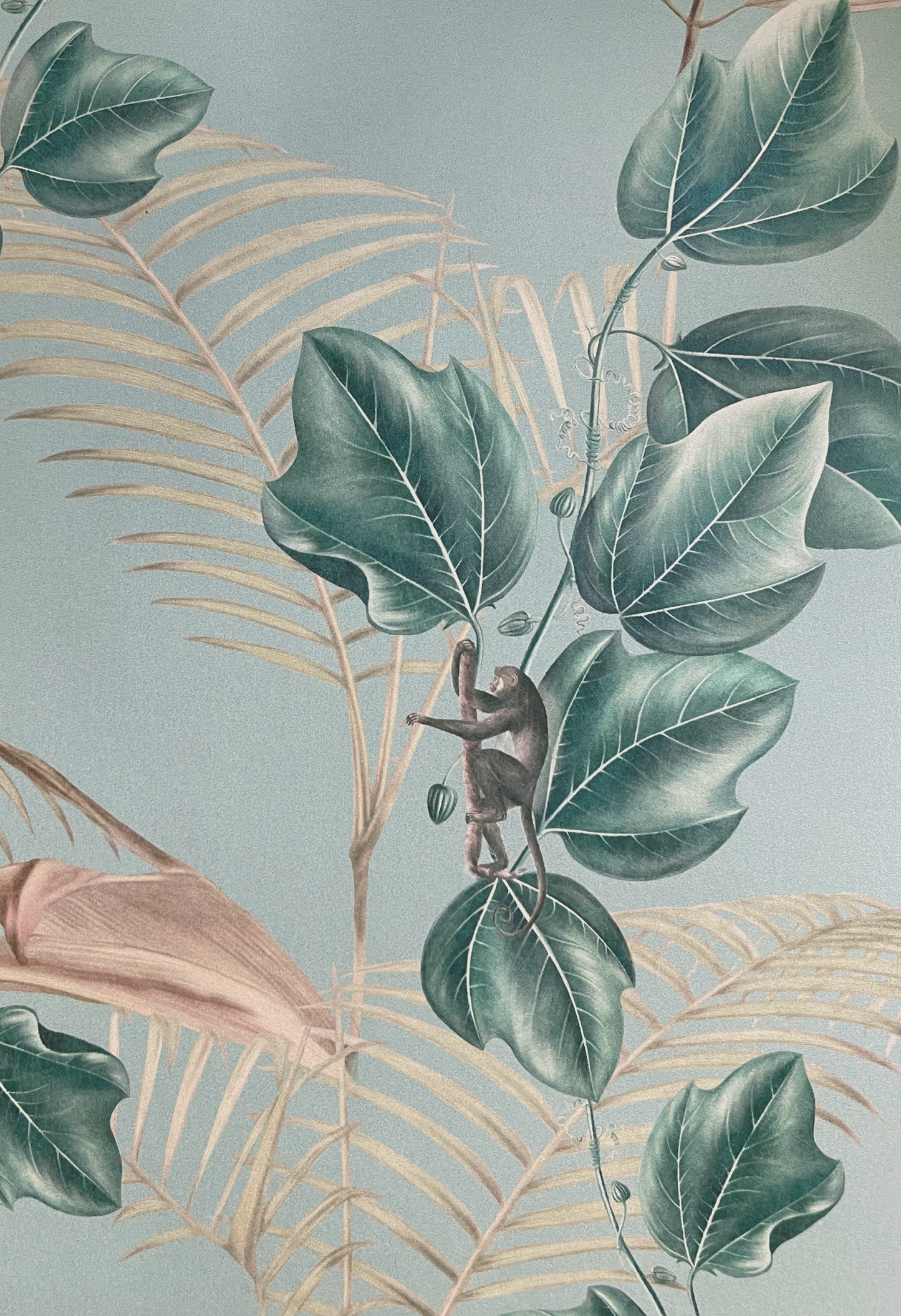 Little spider monkey climbing branch of a leafy canopy surrounded by palms on blue background by Deus Ex Gardenia of Wild Ivy wallpaper in Horizon.