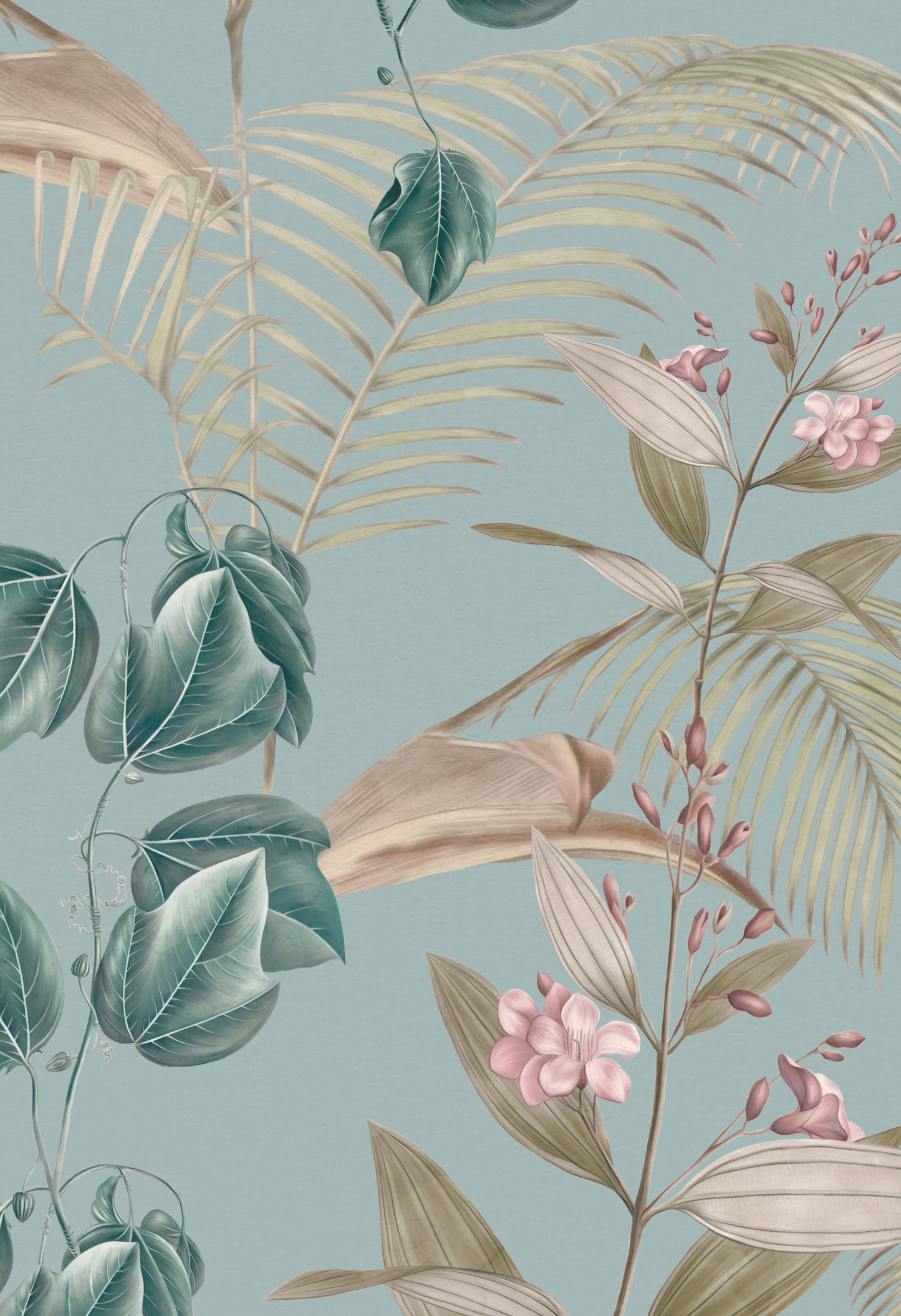 illustration of 'Wild Ivy' canopy with pint flowers and golden palms on blue background by Deus ex Gardenia's Wild Ivy Wallpaper in Horizon.